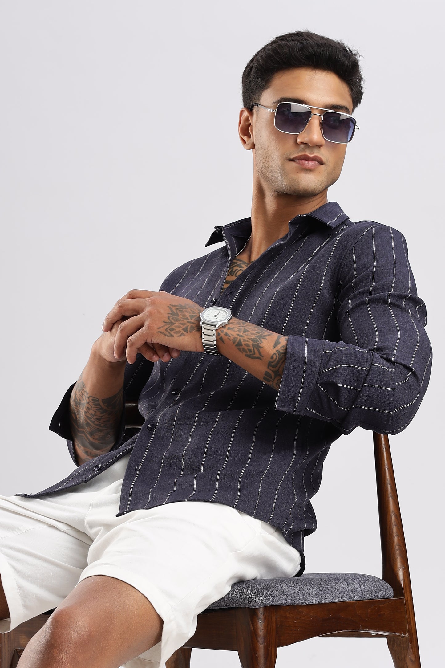 Men Air Like Linen Stripes Shirt-Navy