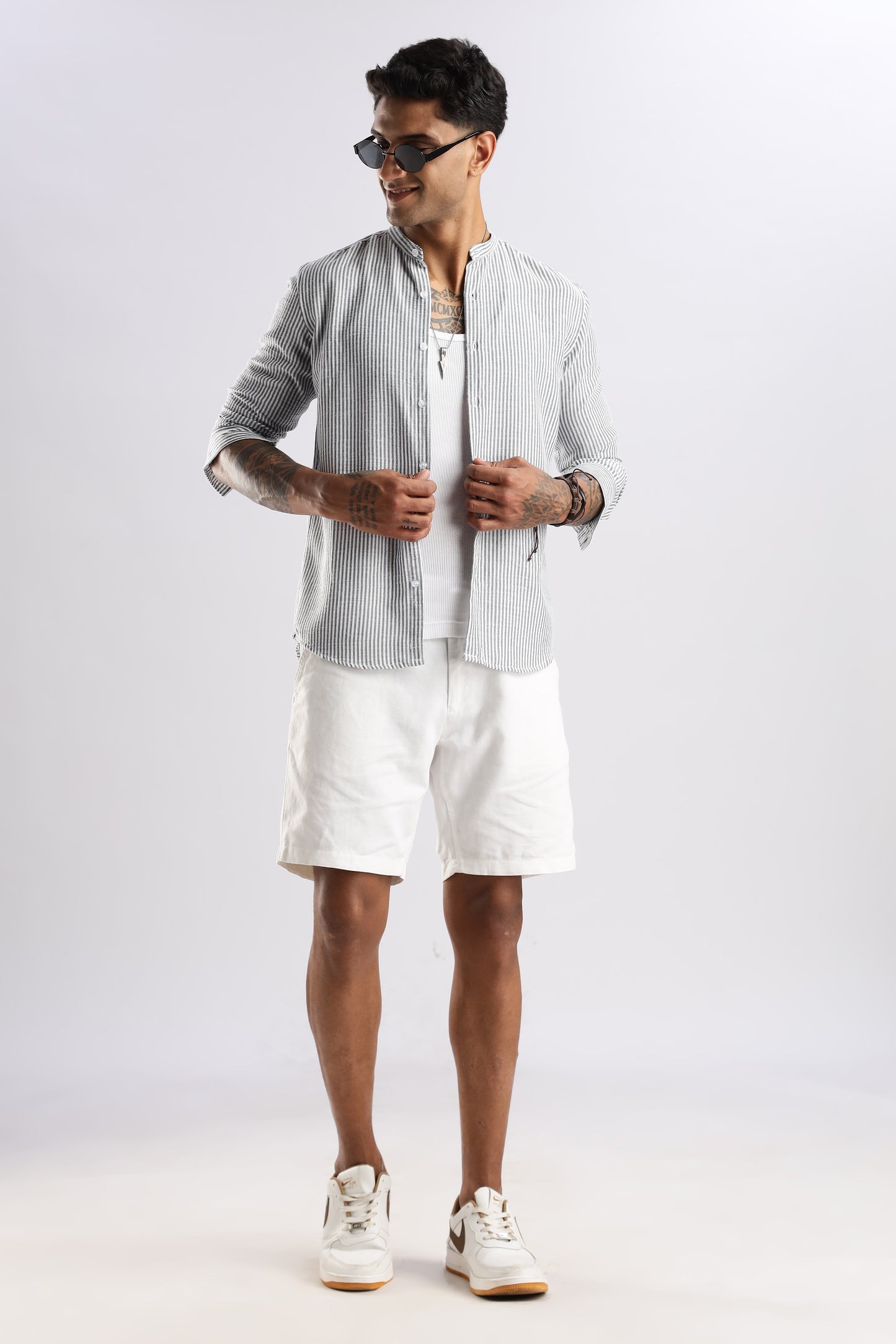 Men Linen Like Lining Mandrine Collar Shirt -Lt Grey