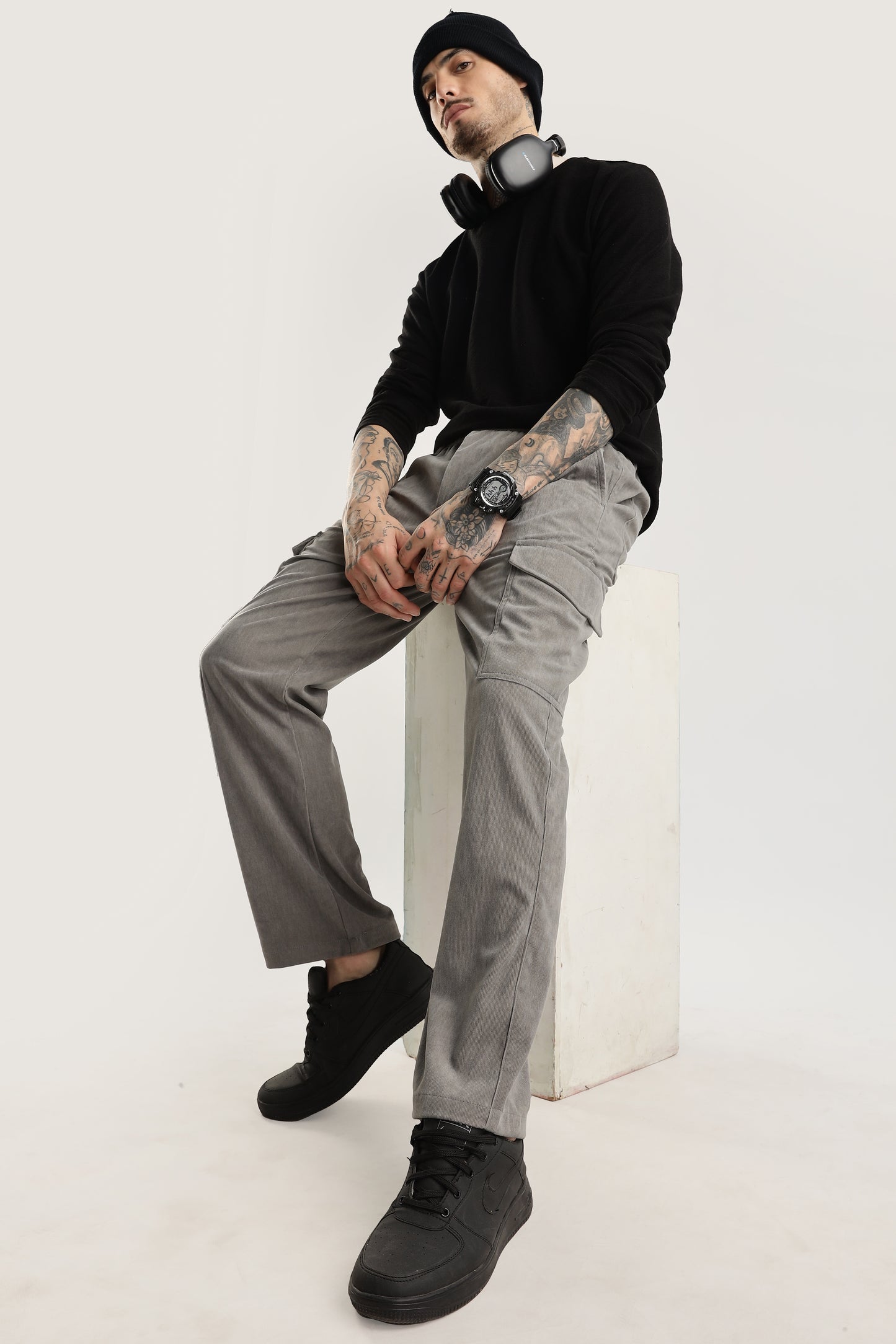 Men Corduroy Relaxed Cargo-Lt Grey