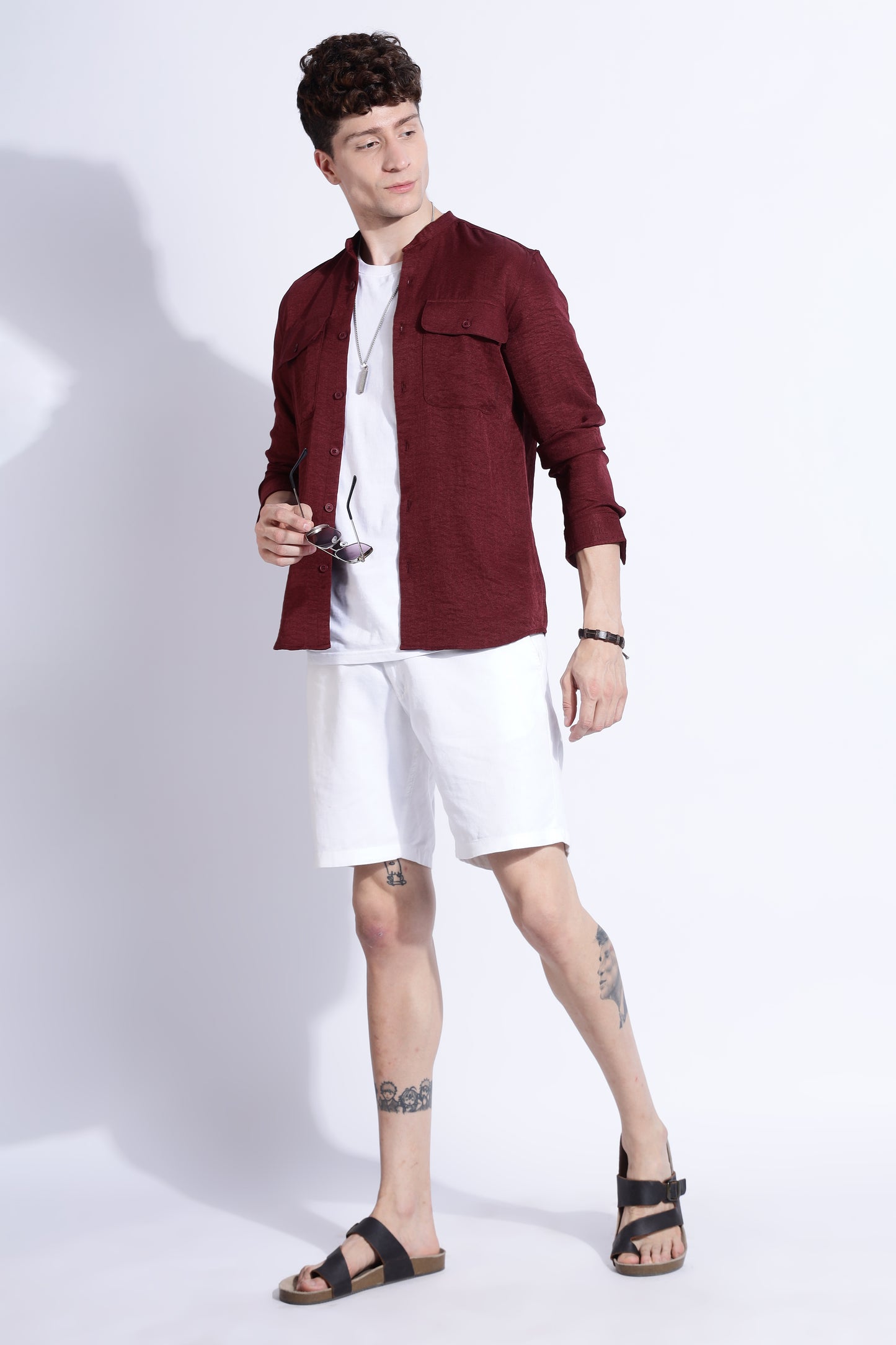 Men Air Linen Like DP Mandarine Shirt-Maroon