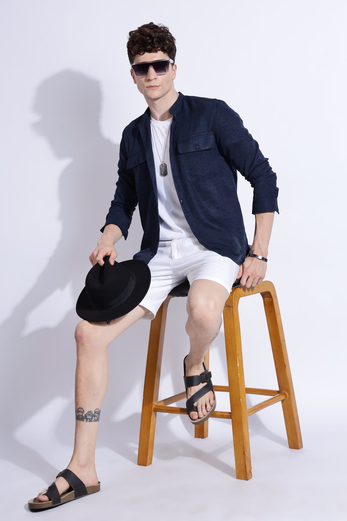 Men Air Linen Like DP Mandarine Shirt-Navy