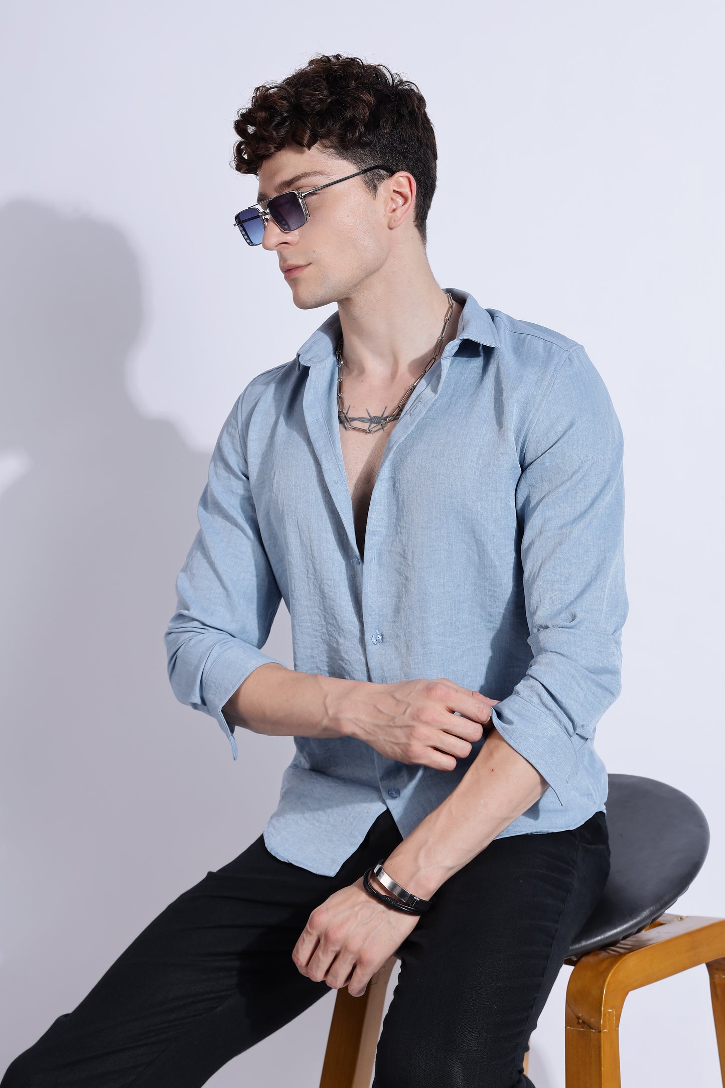 Men Air Linen Like Shirt-Sky Blue