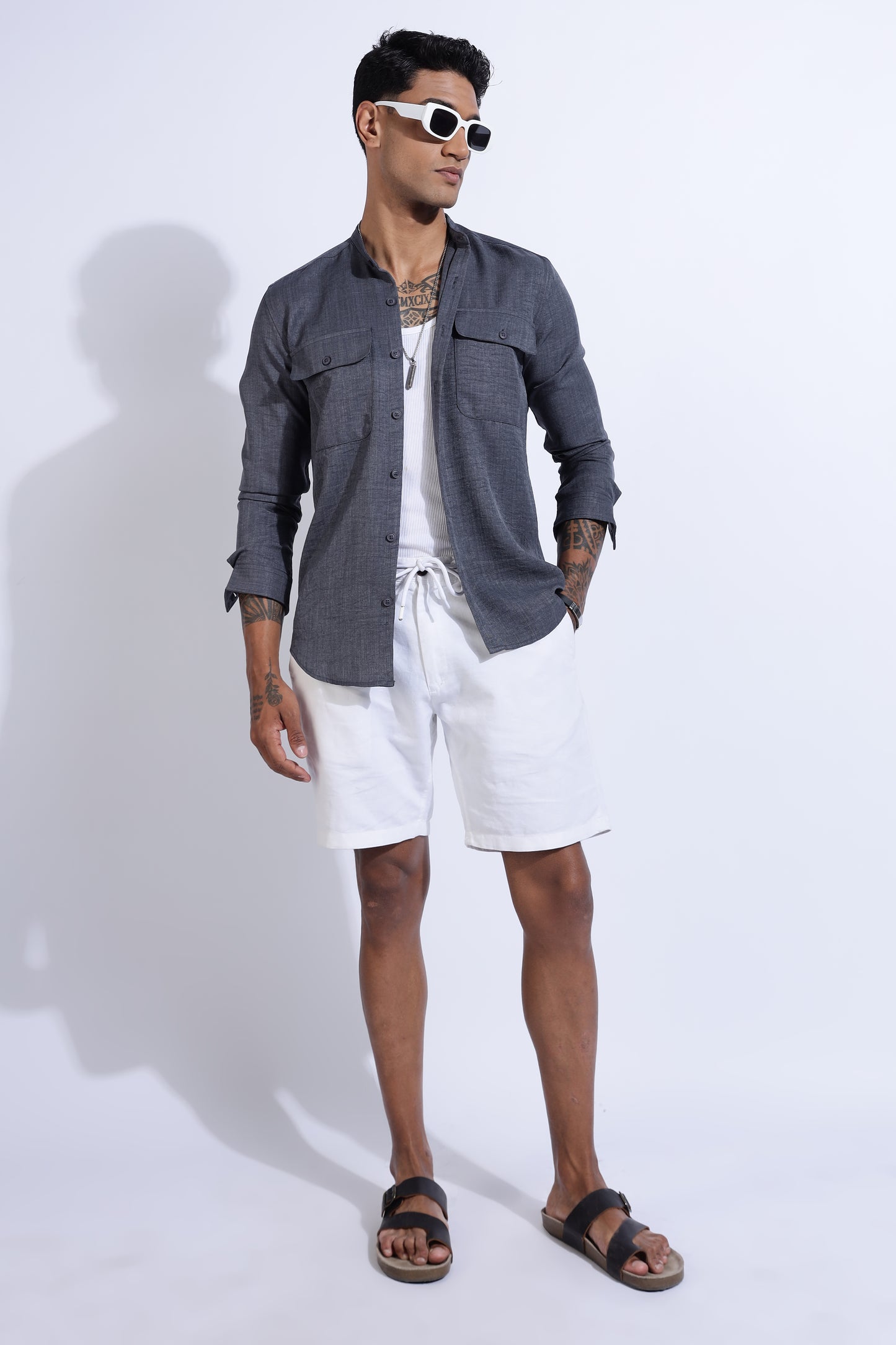 Men Air Linen Like DP Mandarine Shirt-Grey