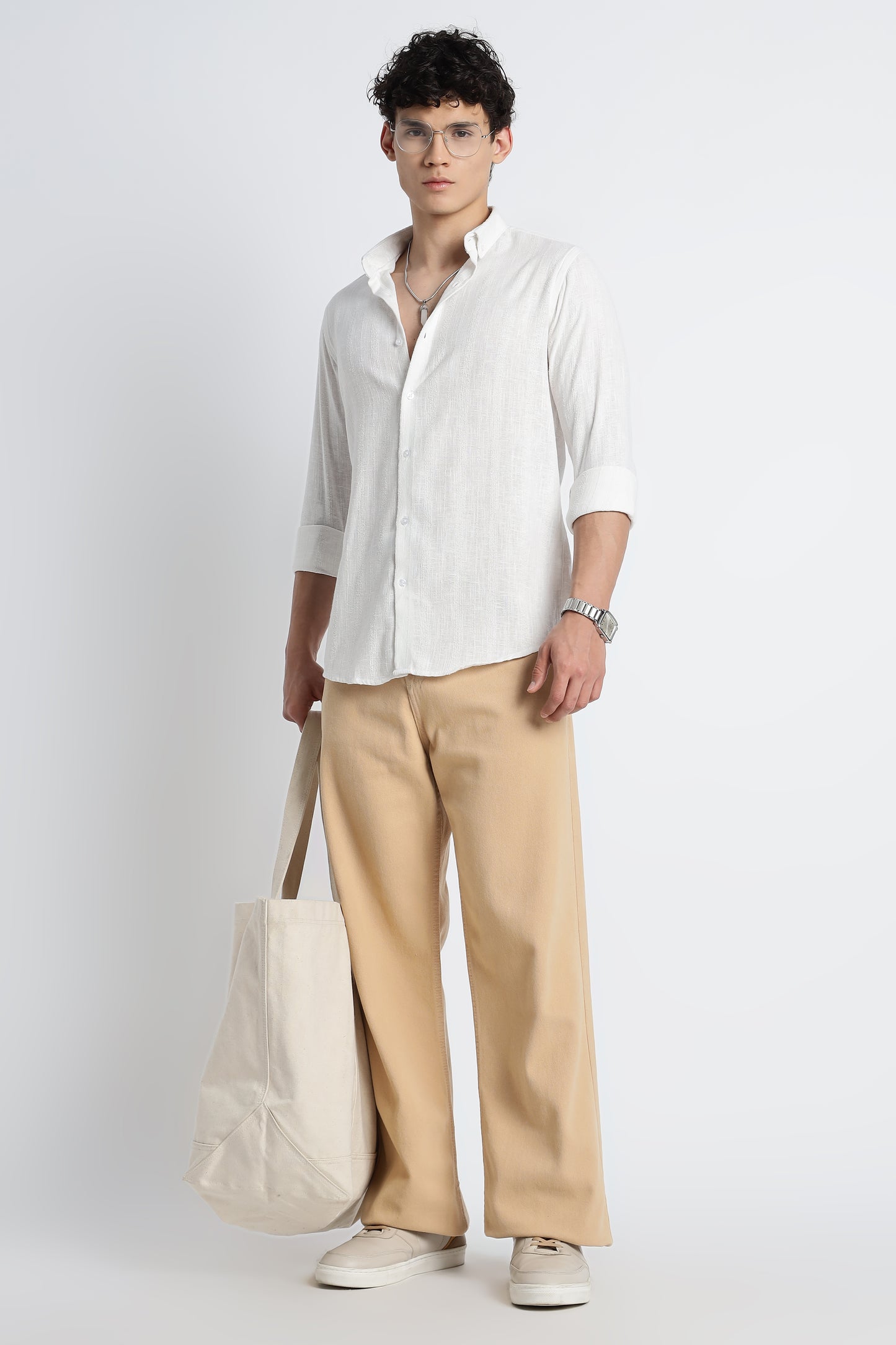 Men Milange Linen Stripes Shirts-White