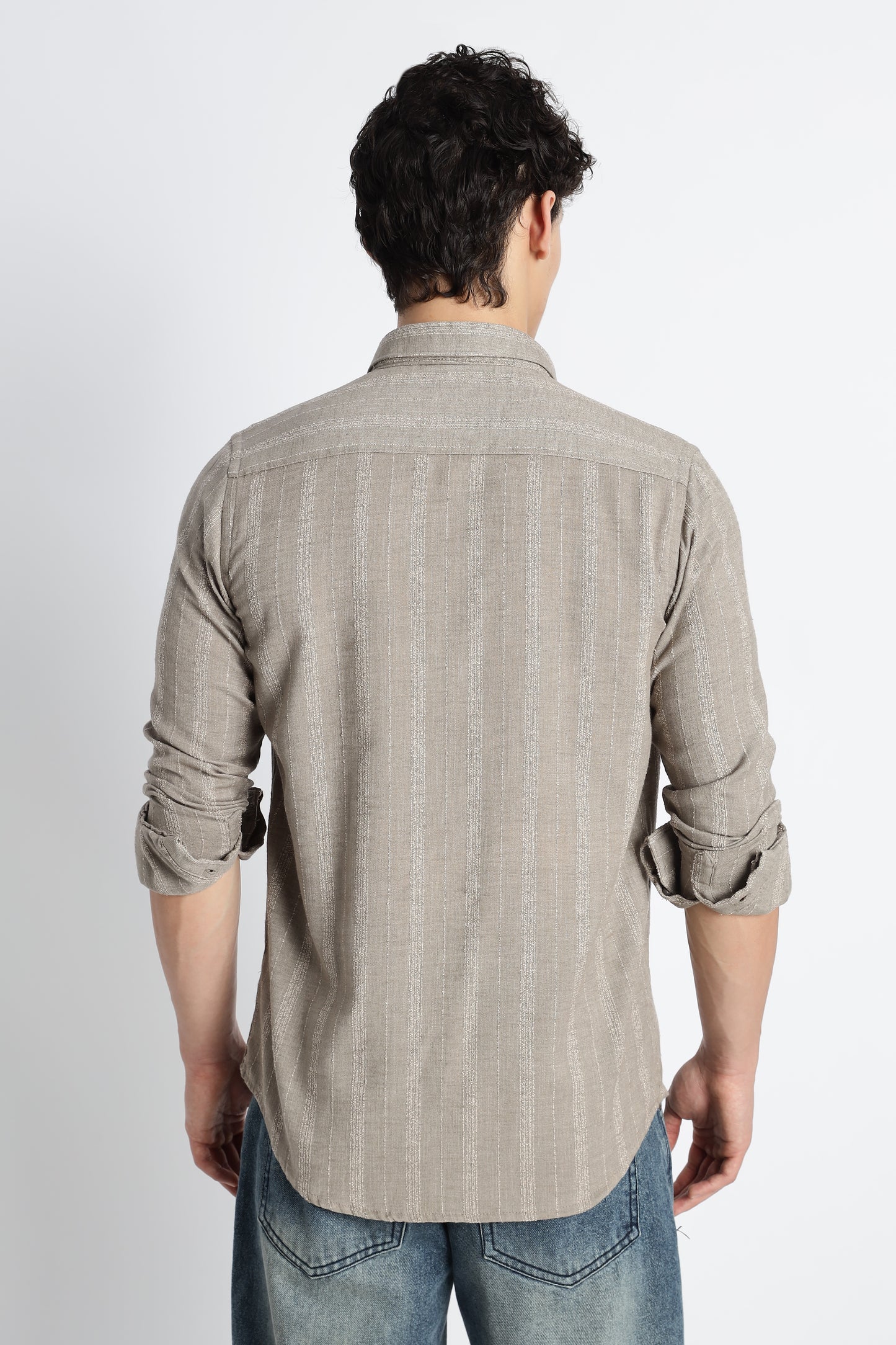 Men Milange Linen Stripes Shirts-Khakhi