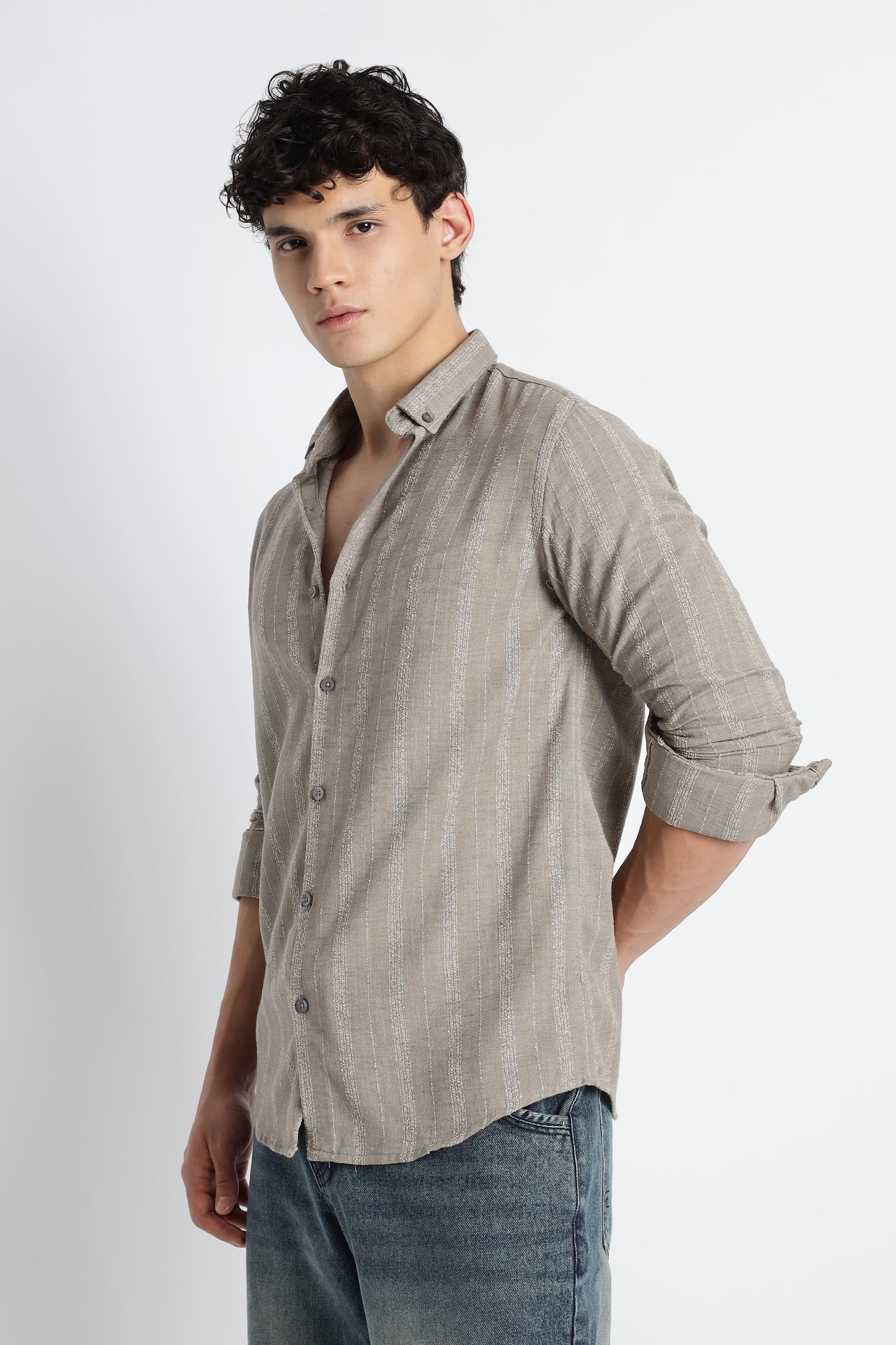 Men Milange Linen Stripes Shirts-Khakhi