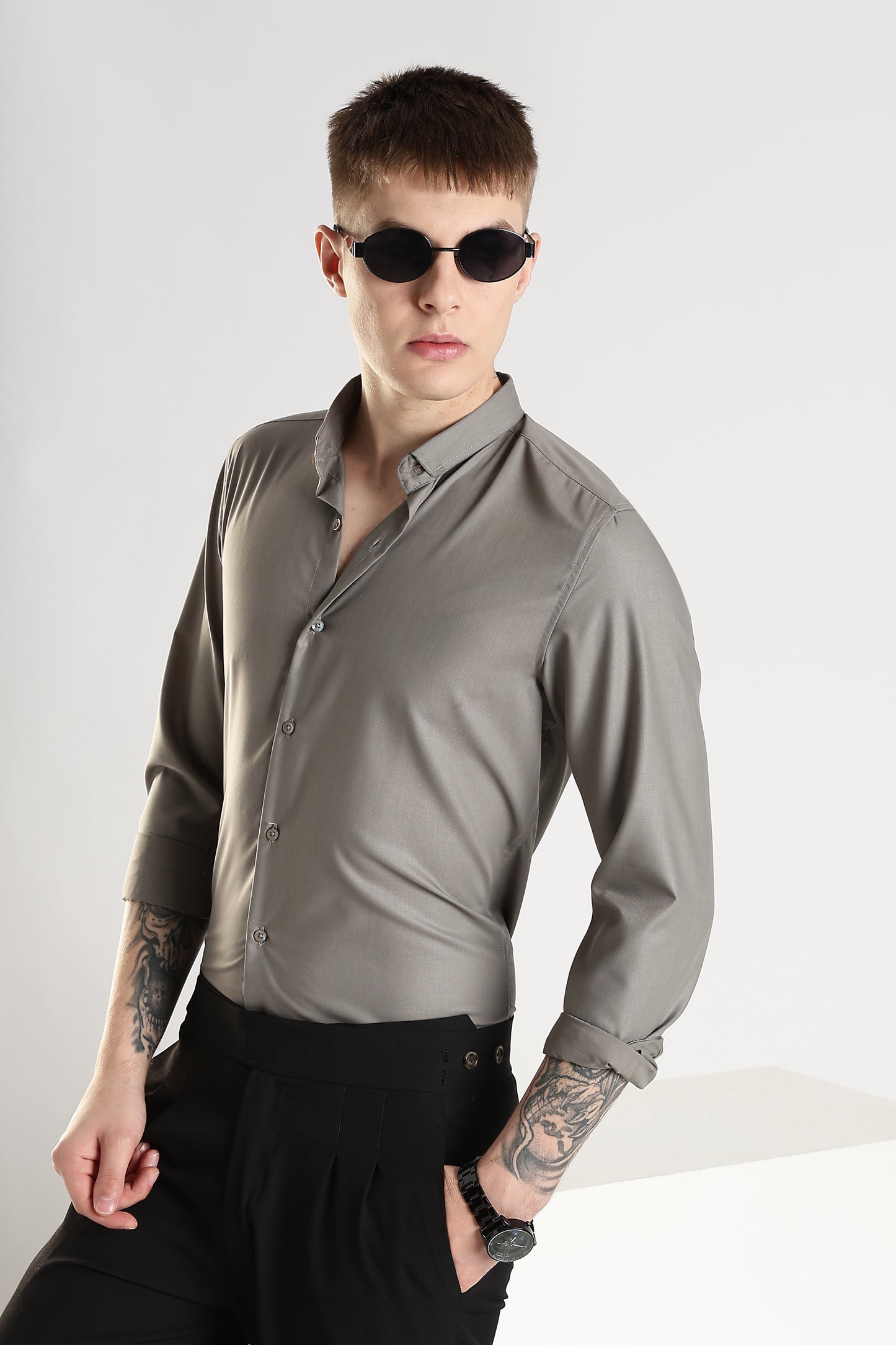 Men Liquid Nylon Plain Shirts-Dk Grey