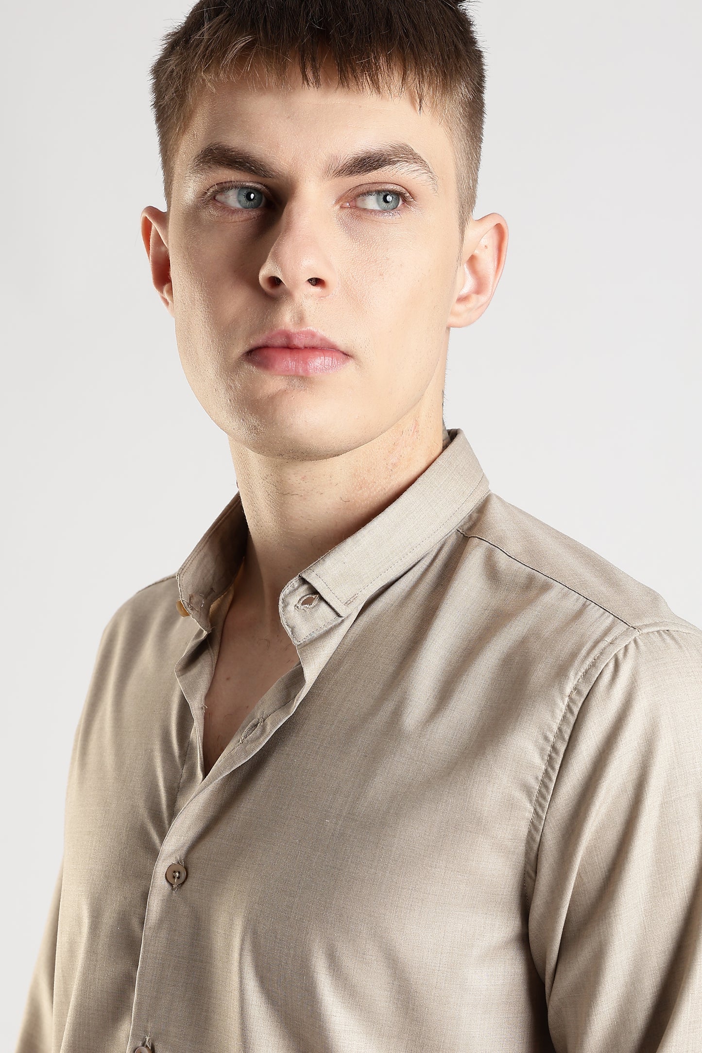Men Liquid Nylon Plain Shirts-Fawn