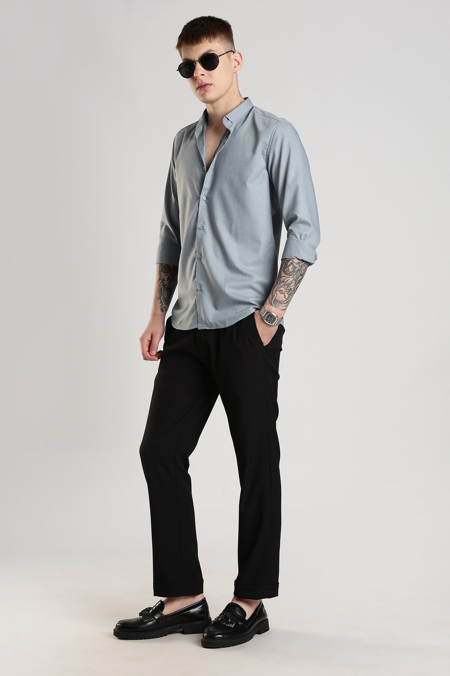Men Liquid Nylon Plain Shirts-Grey