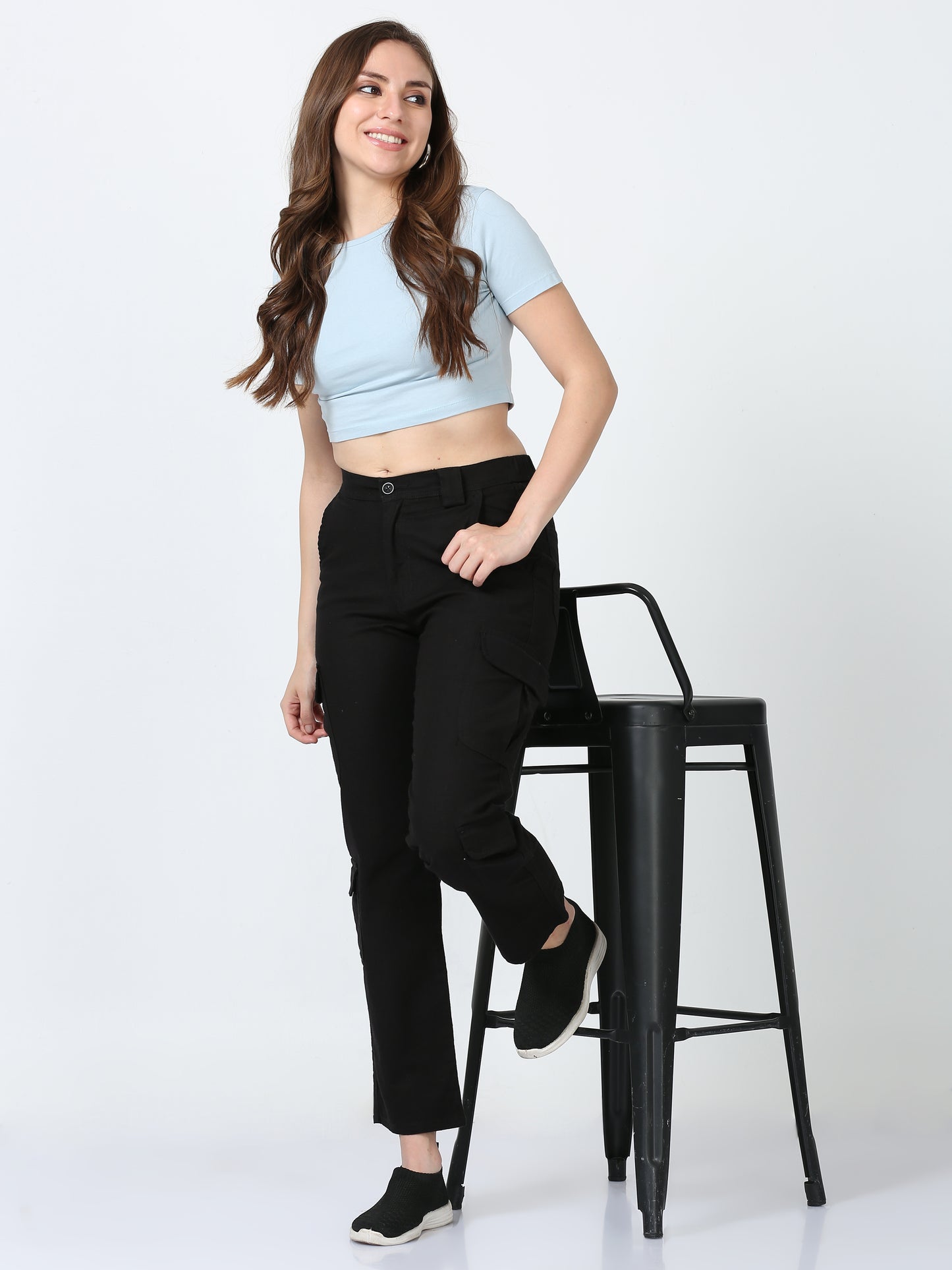 Black Lazy Linen Cargo Pants For Women