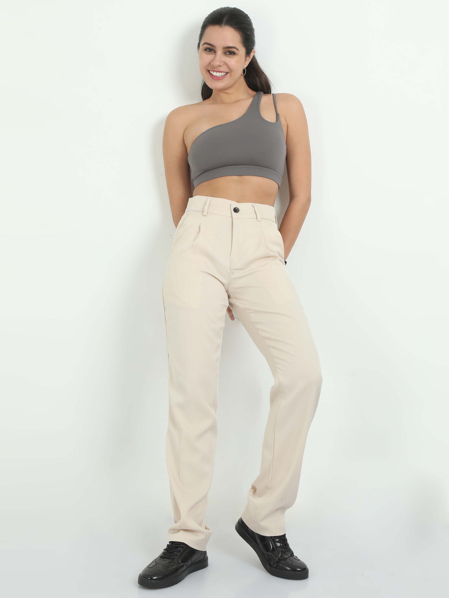 Cream Pleated Trousers Women
