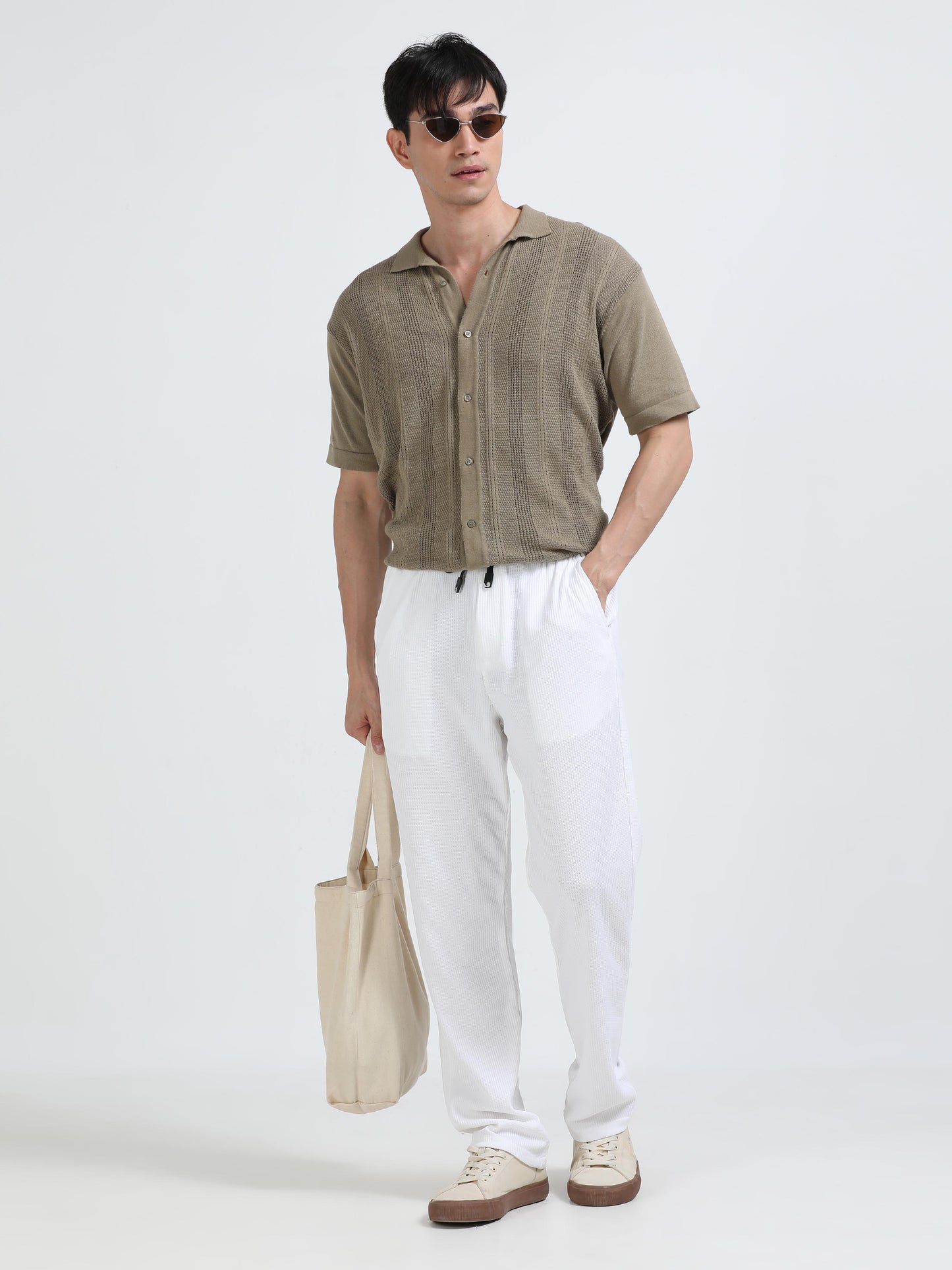 Mens White Popcorn Trousers