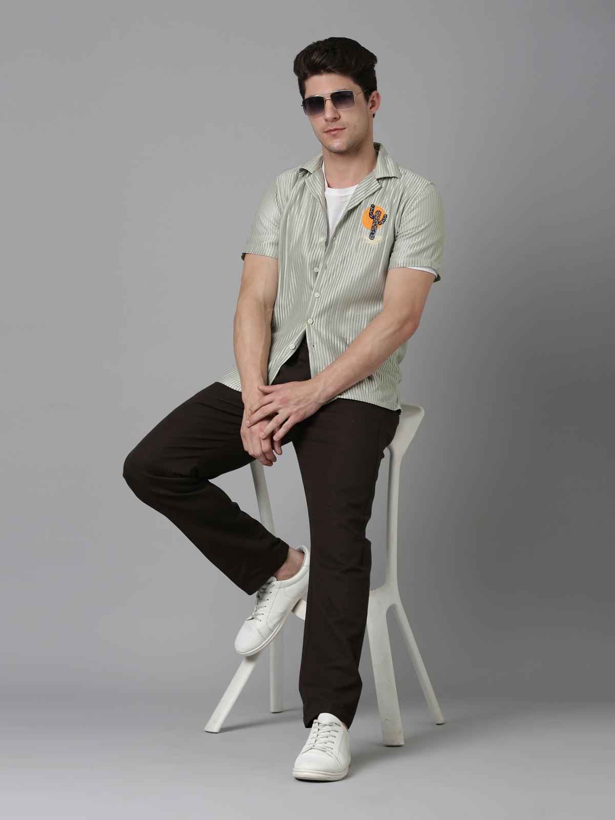 Men Embroidered Stripes Shirt- Light Green