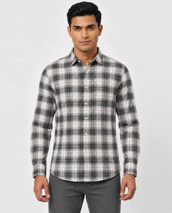 Men Oxford Square Checks Slim Fit Shirt – Grey Blue