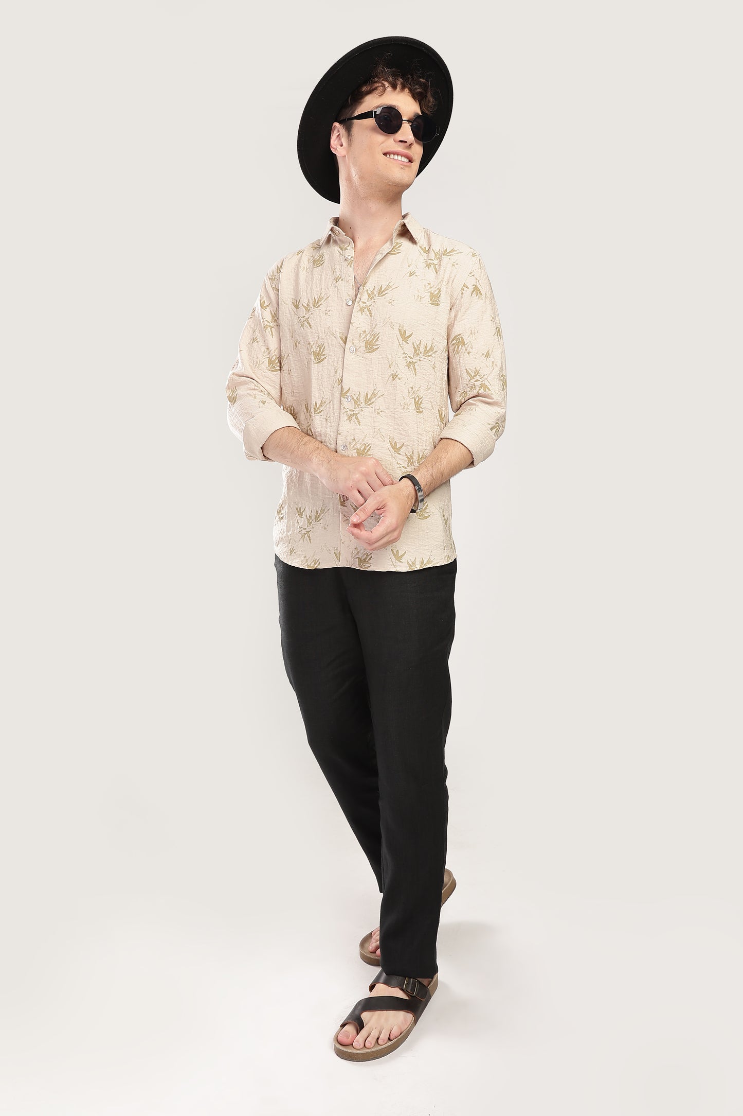 Men Linen Like Printed Shirt-Beige