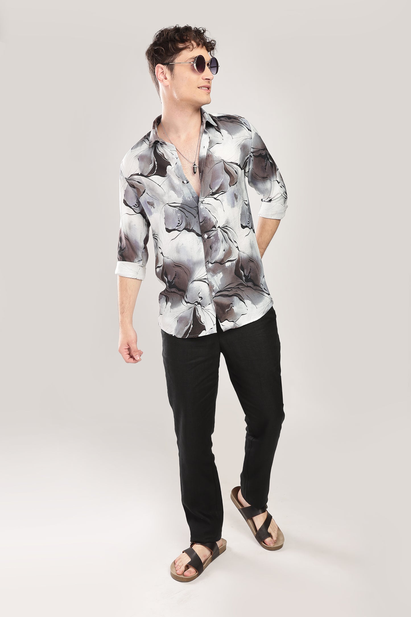 Men Nylon Abstract Print Shirts-Lt Grey