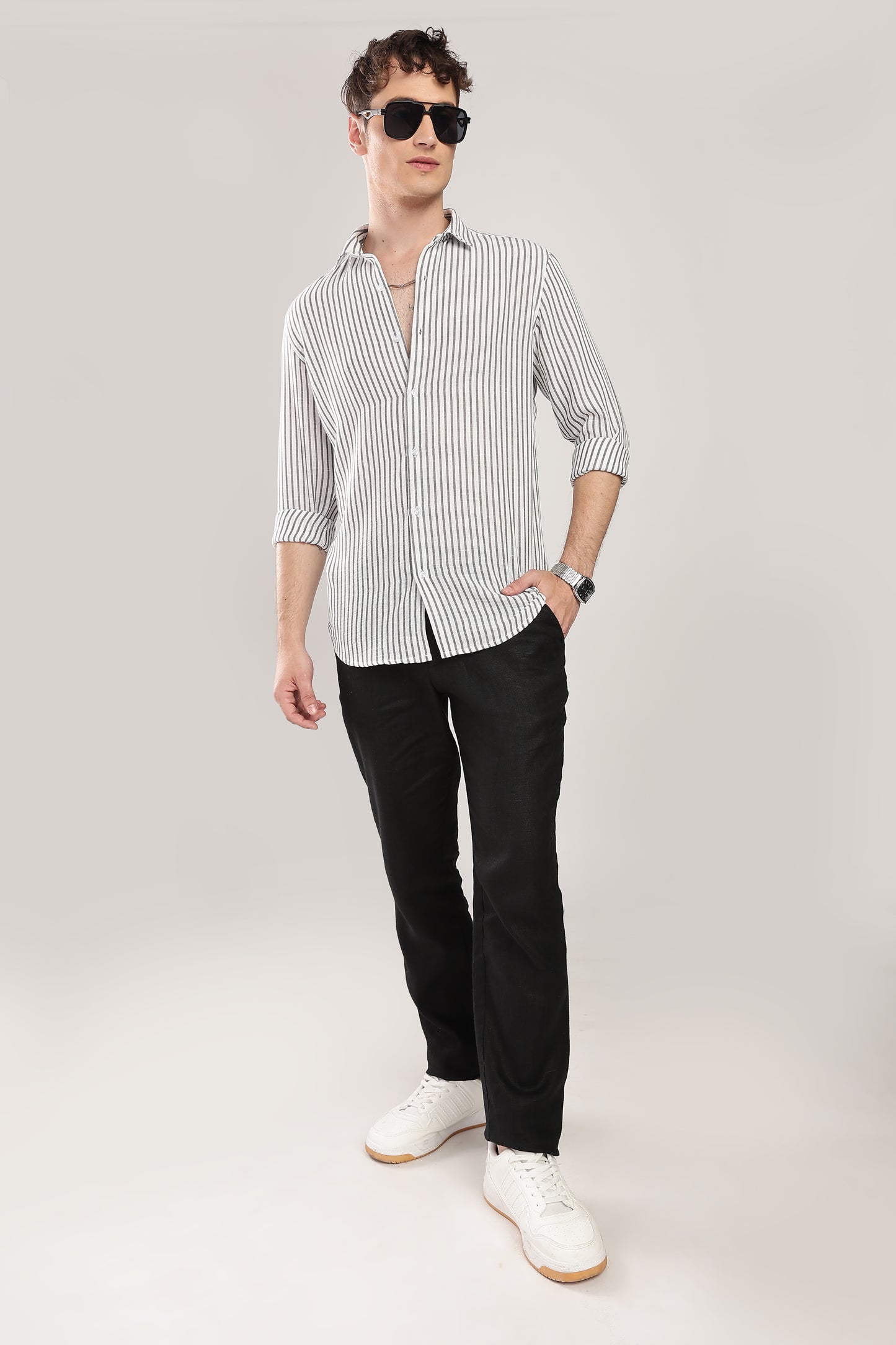 Men Linen Like Lining Shirt-Grey