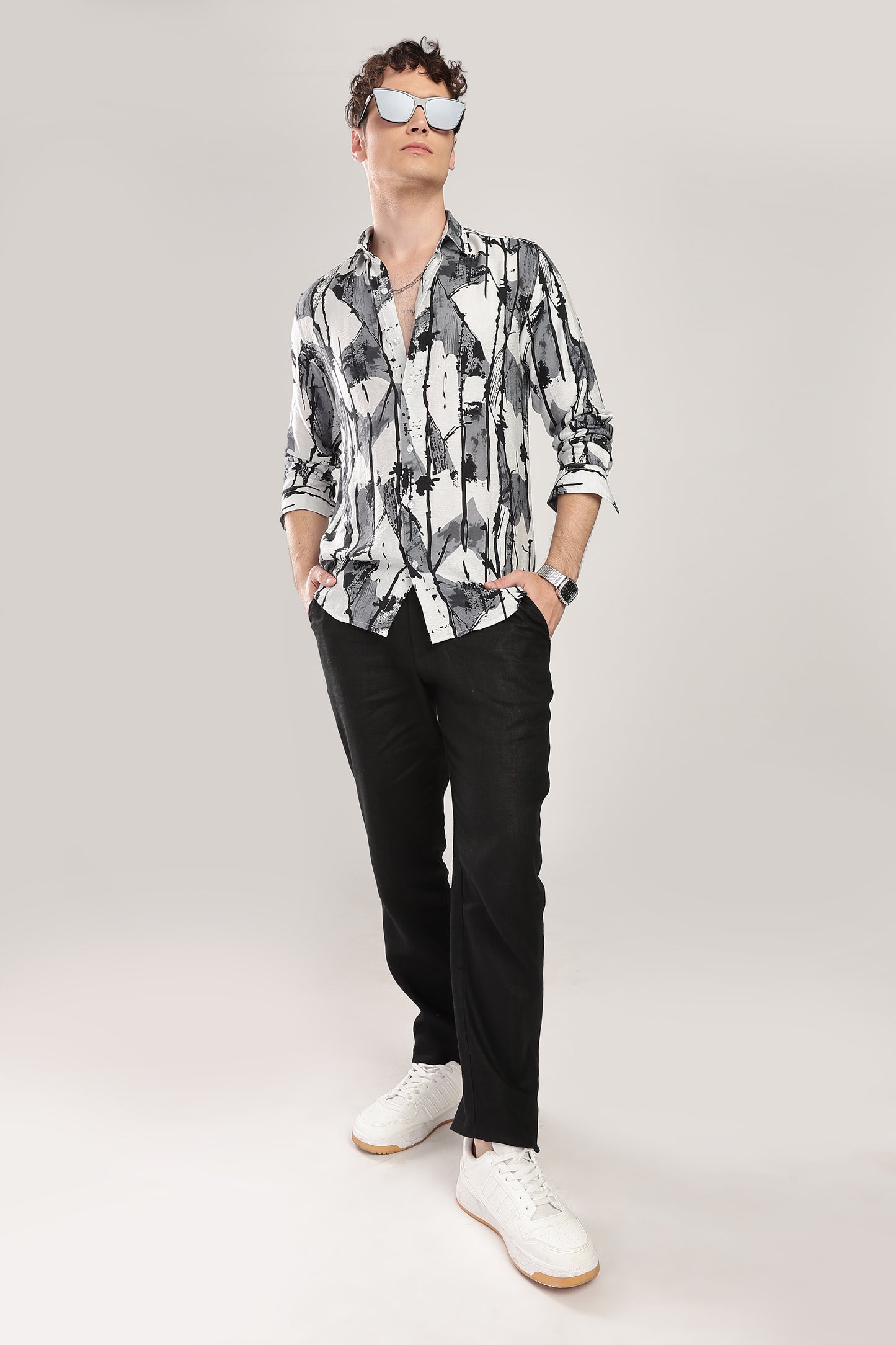 Men Nylon Abstract Print Shirts-Grey
