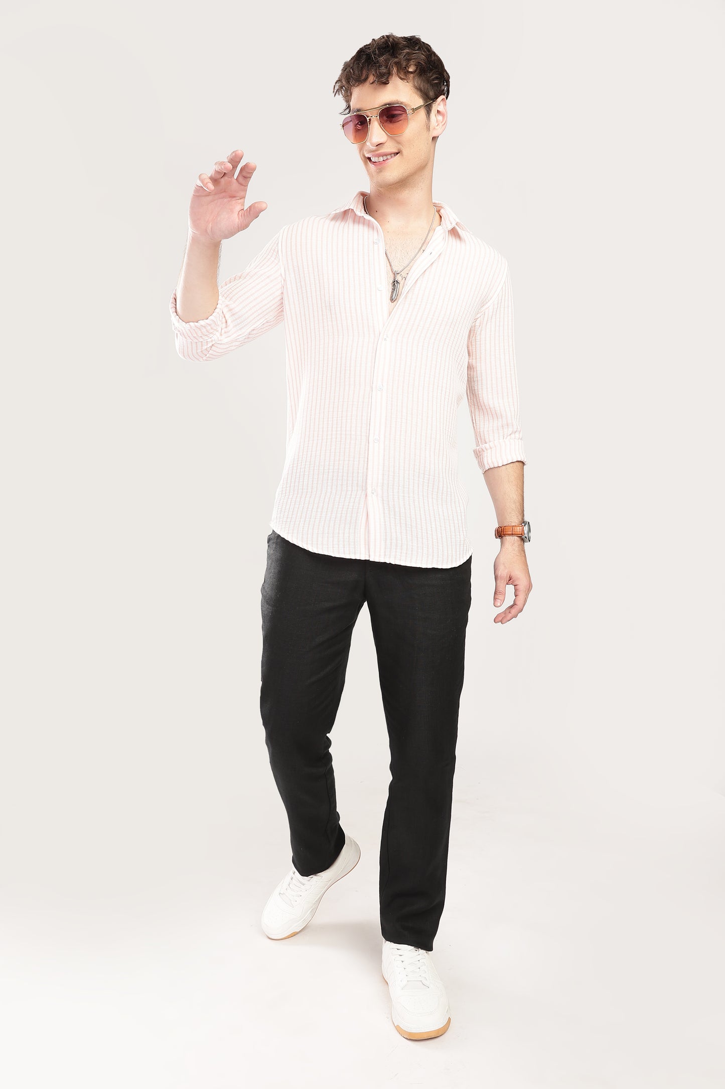 Men Linen Like Lining Shirt-Pink