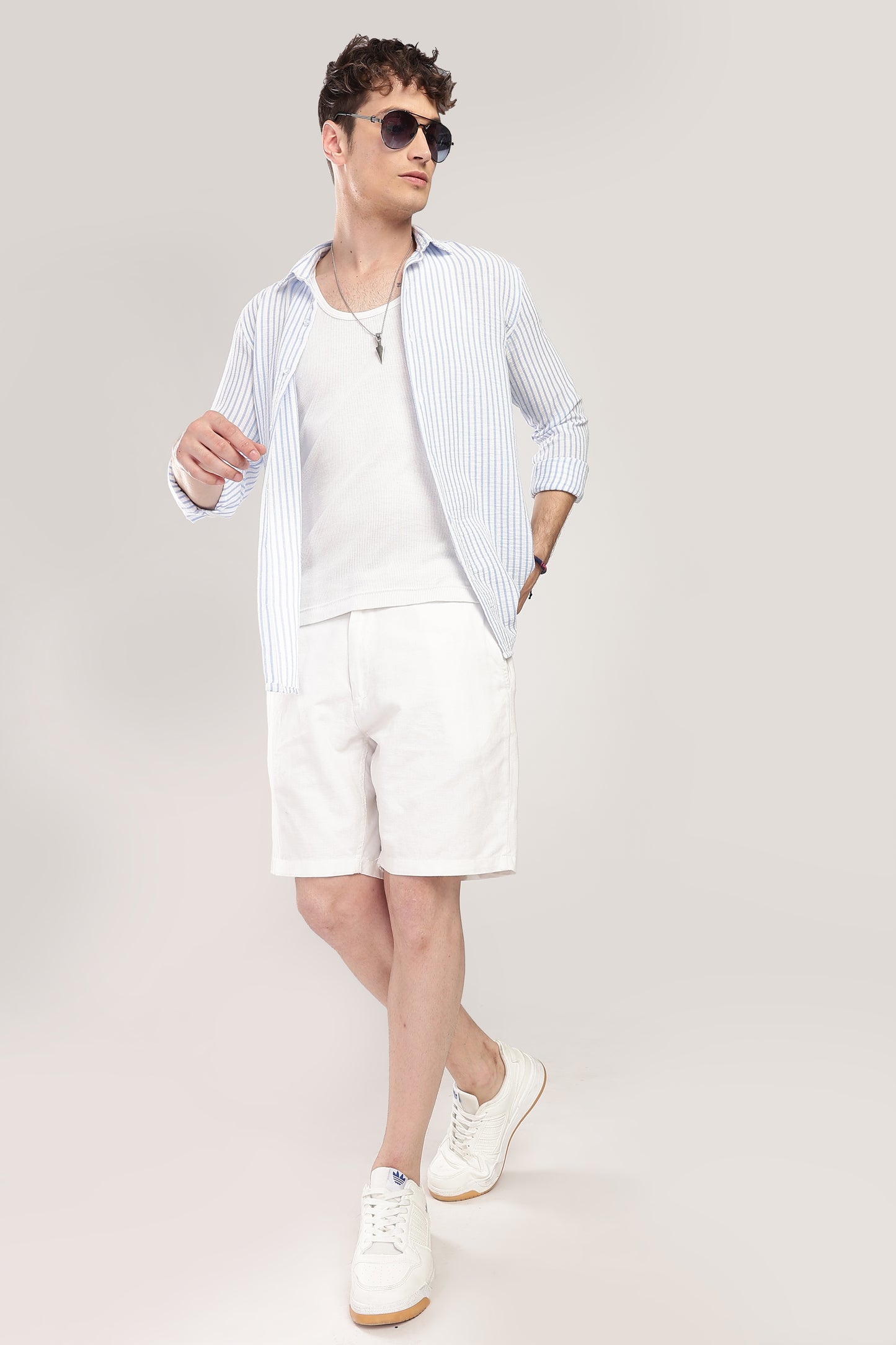 Men Linen Like Lining Shirt-Sky Blue