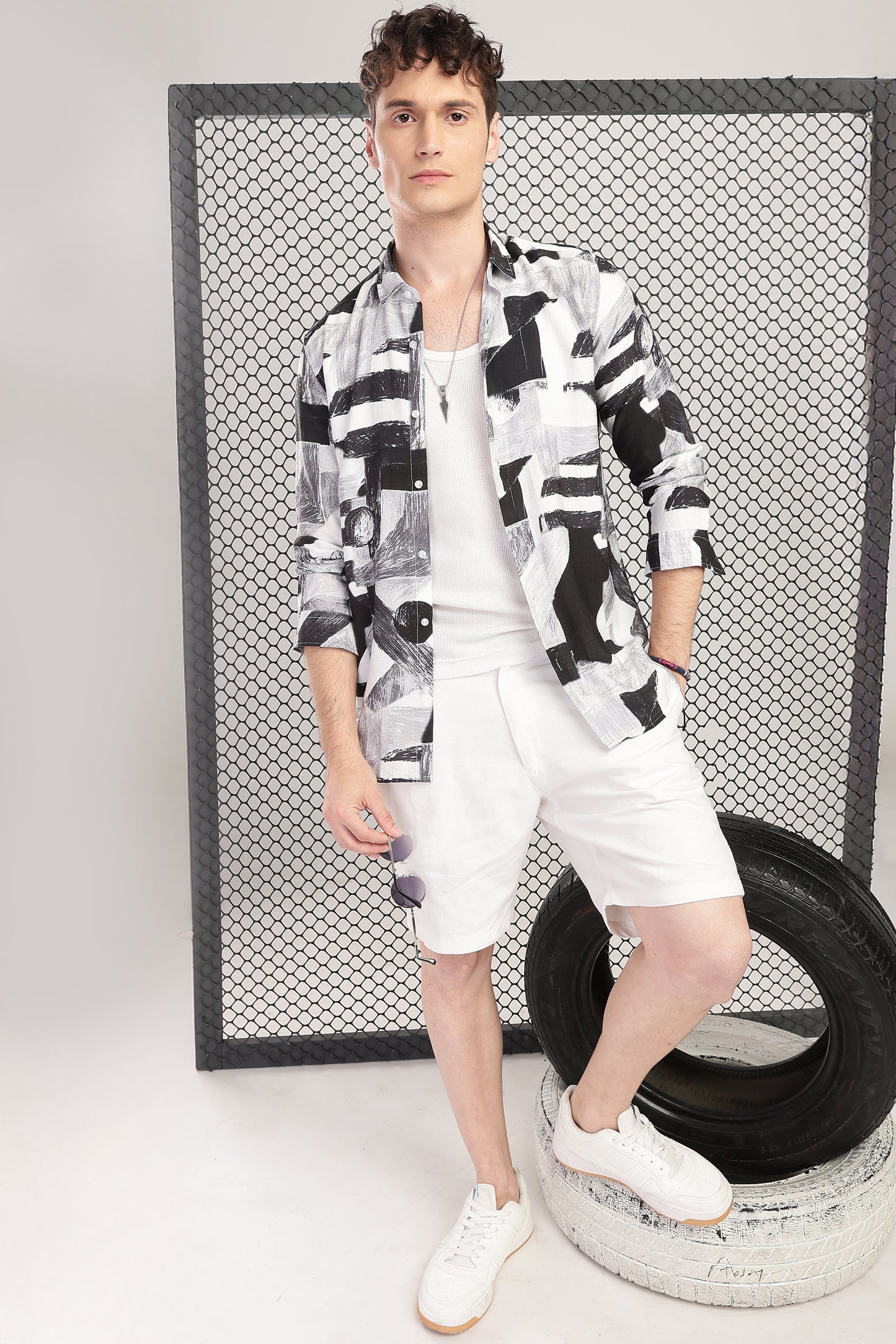 Men Nylon Abstract Print Shirts-Black