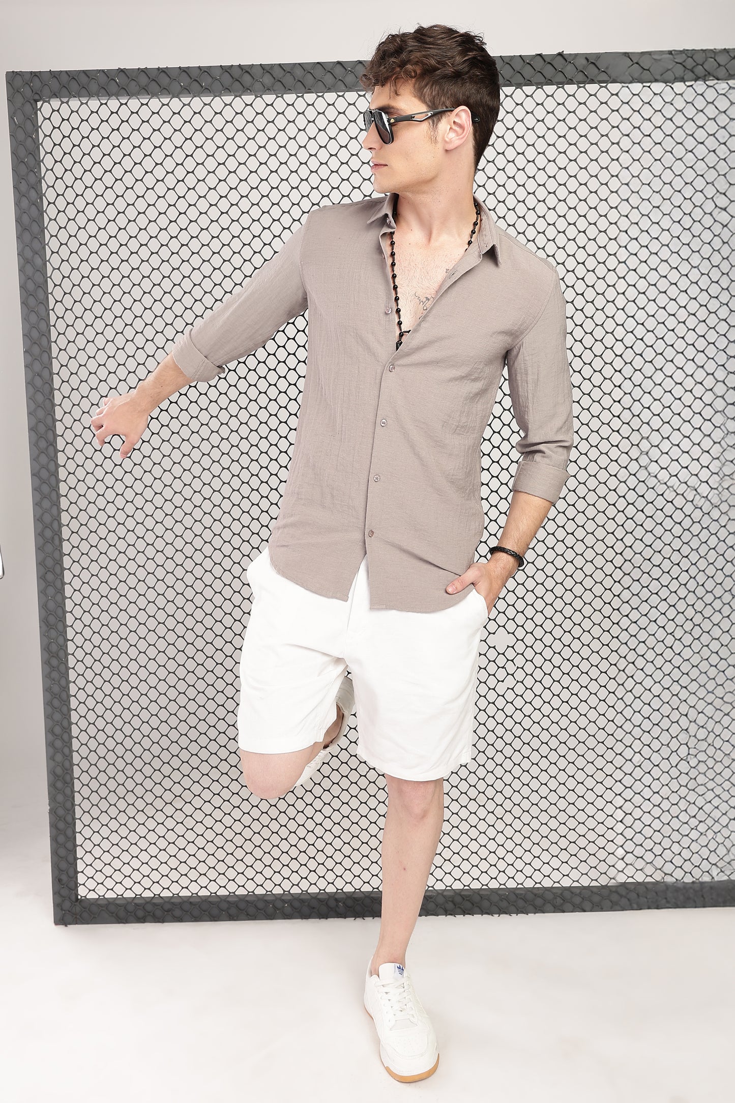 Men Linen Like Neps Shirts-Fawn