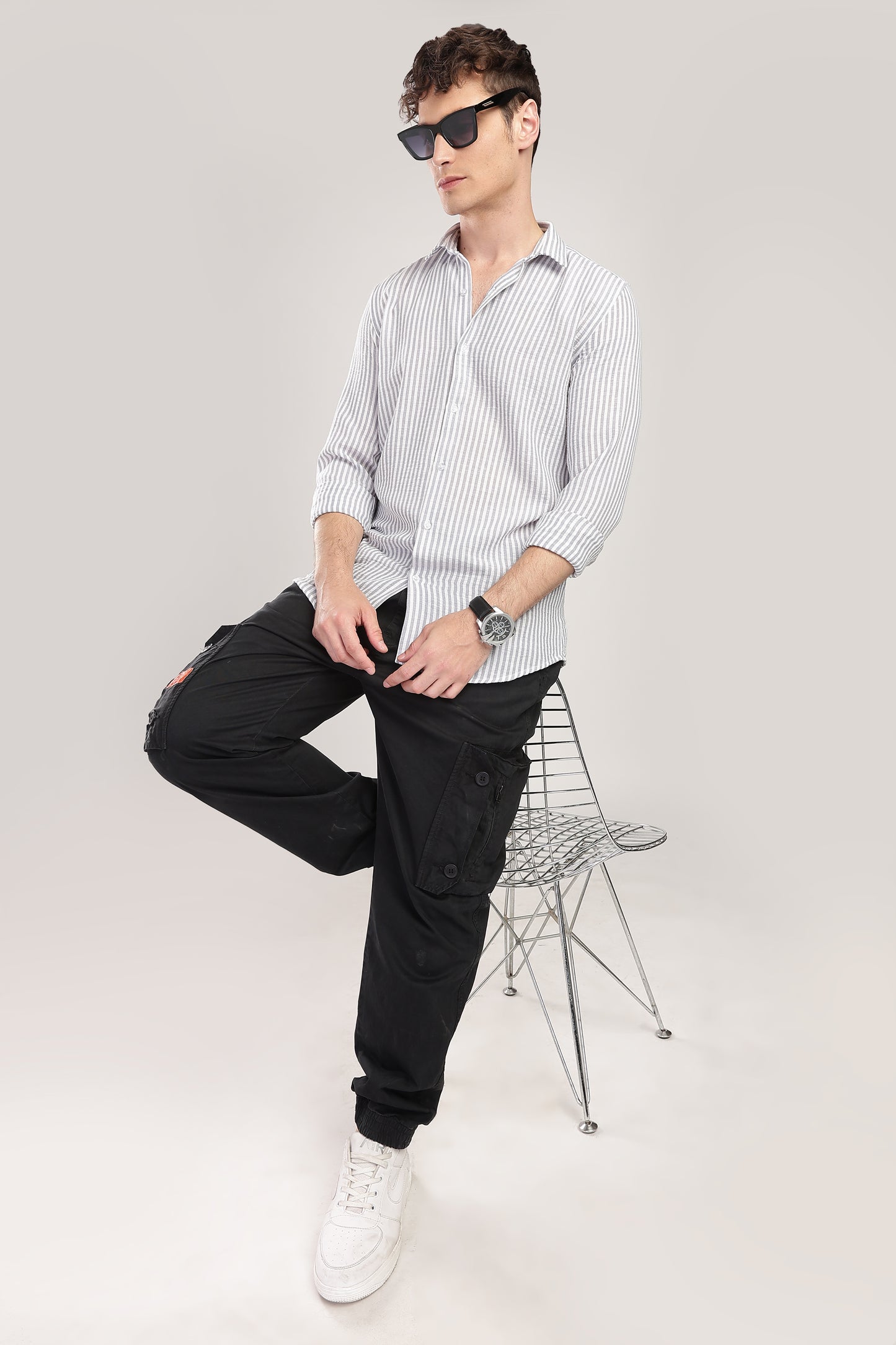 Men Linen Like Lining Shirt-Lt Grey