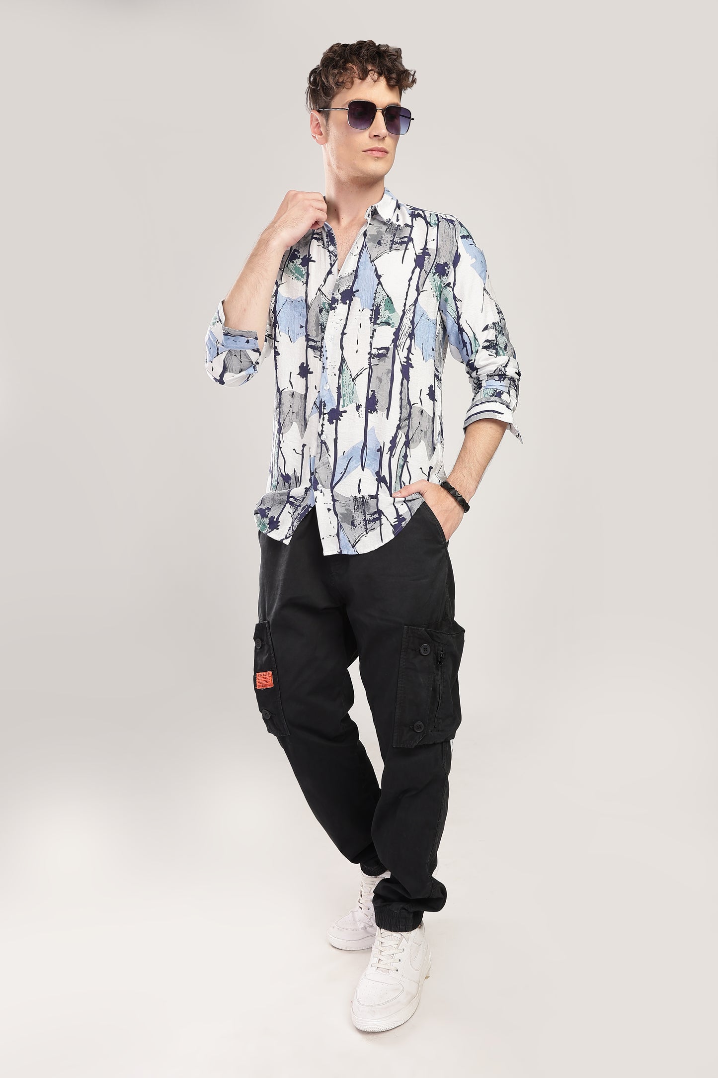 Men Nylon Abstract Print Shirts-Blue