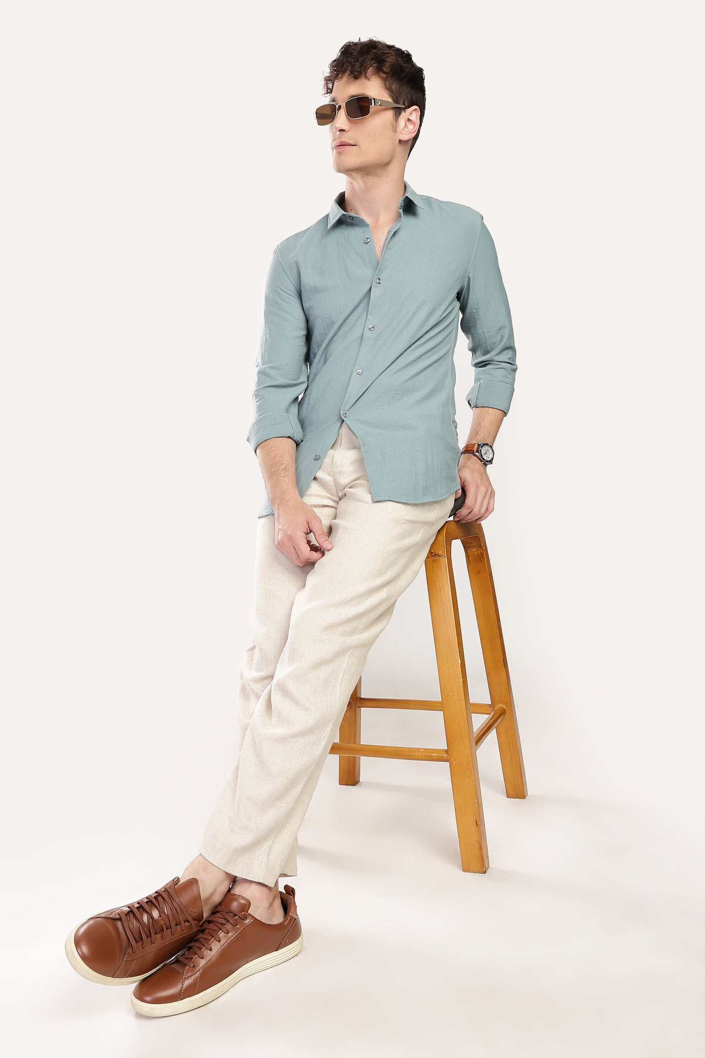 Men Linen Like Neps Shirts-Teal