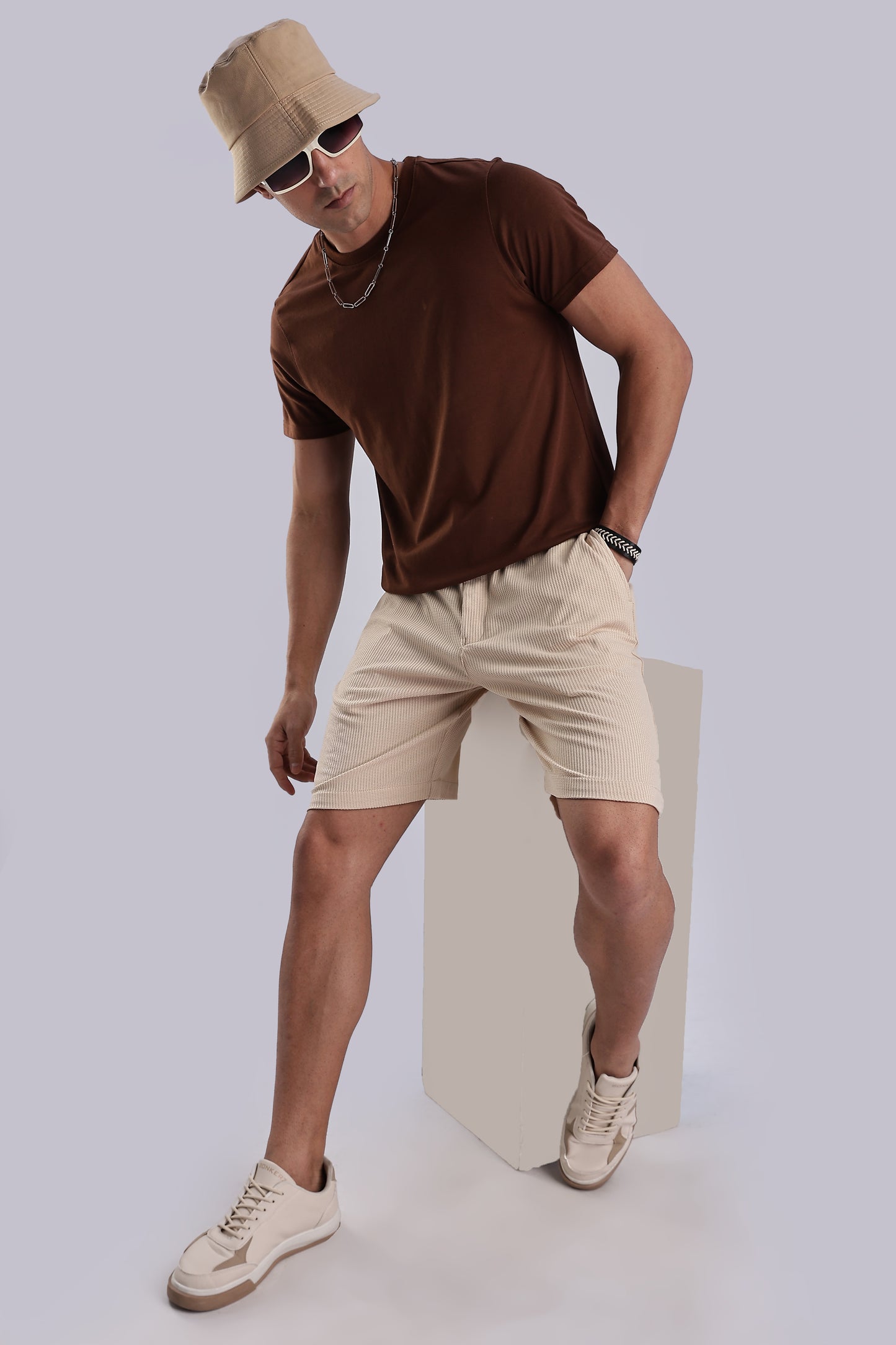 Men Jacquad Shorts-Beige