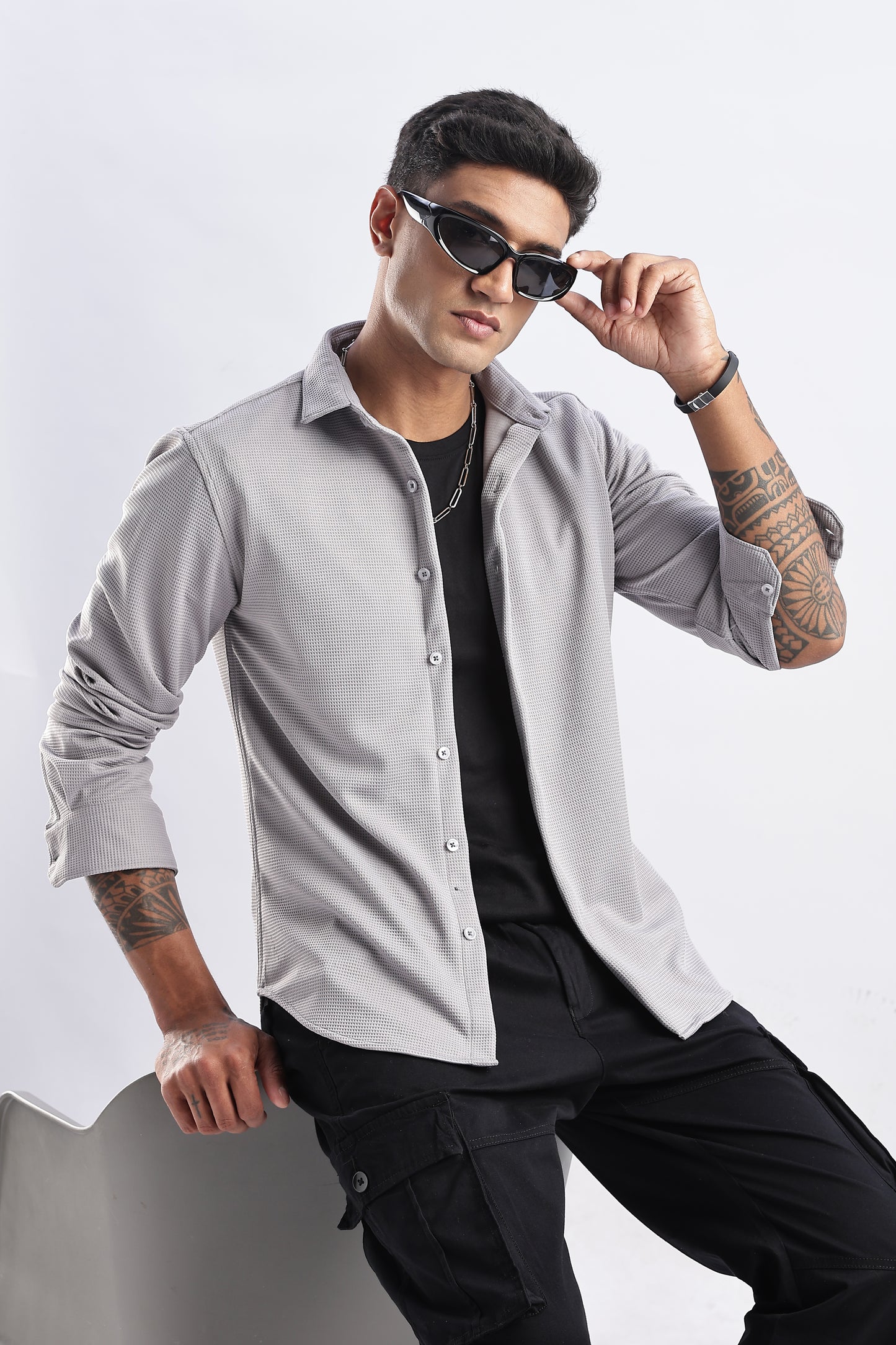 Men Waffle Dobby Shirts-Grey