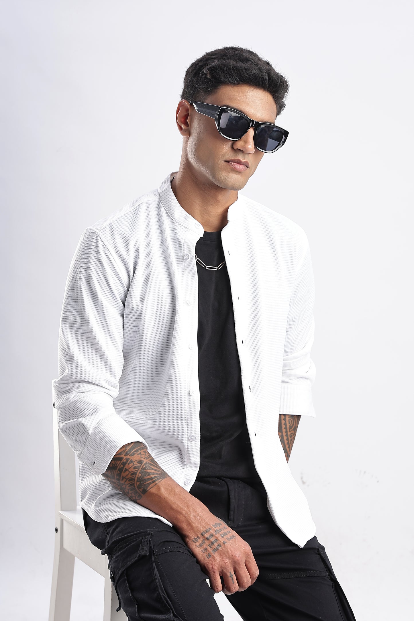 Men Waffle Dobby Shirts Mandarin Collar-White