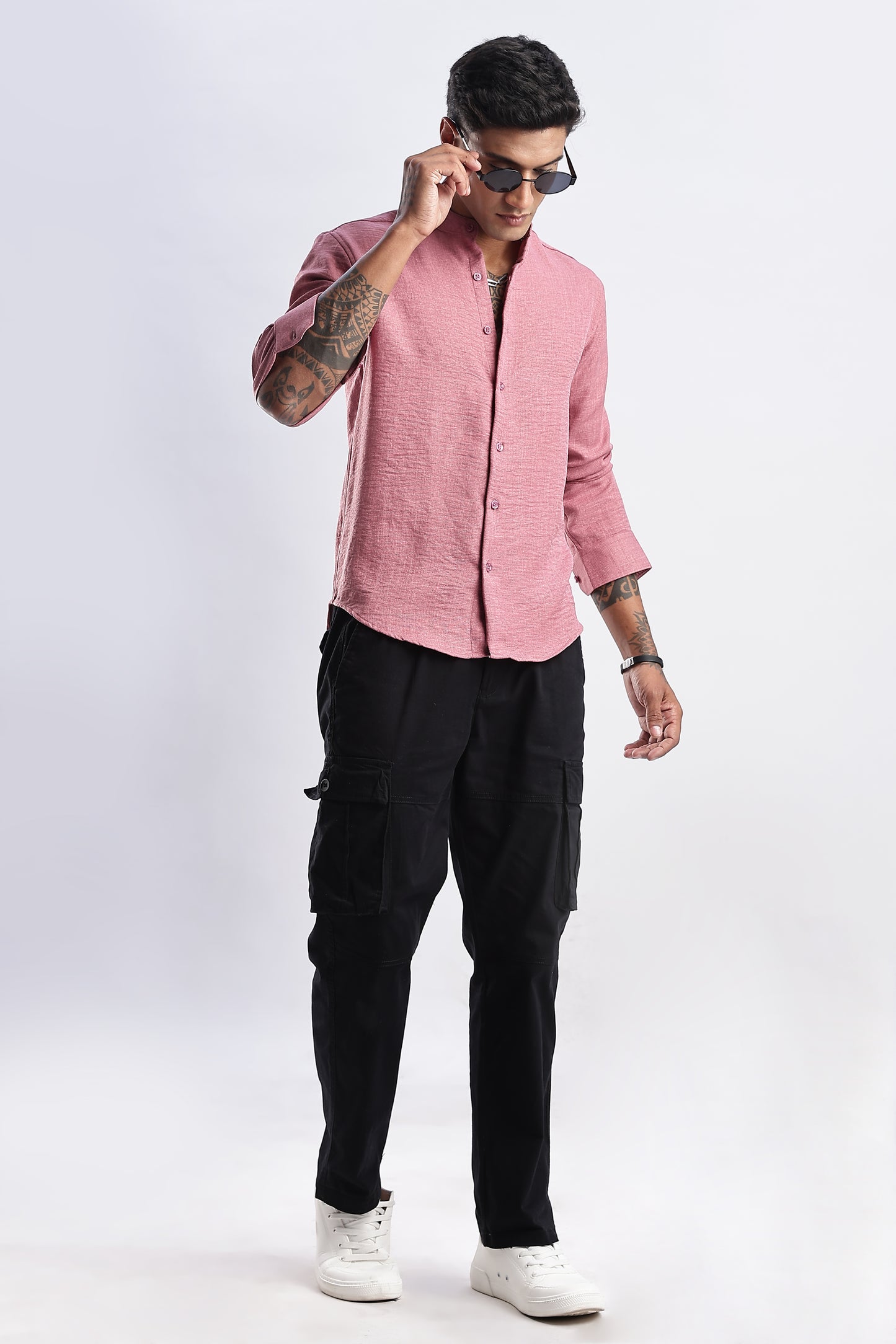 Men Milange Linen Look Shirts Mandarin Collar-Pink