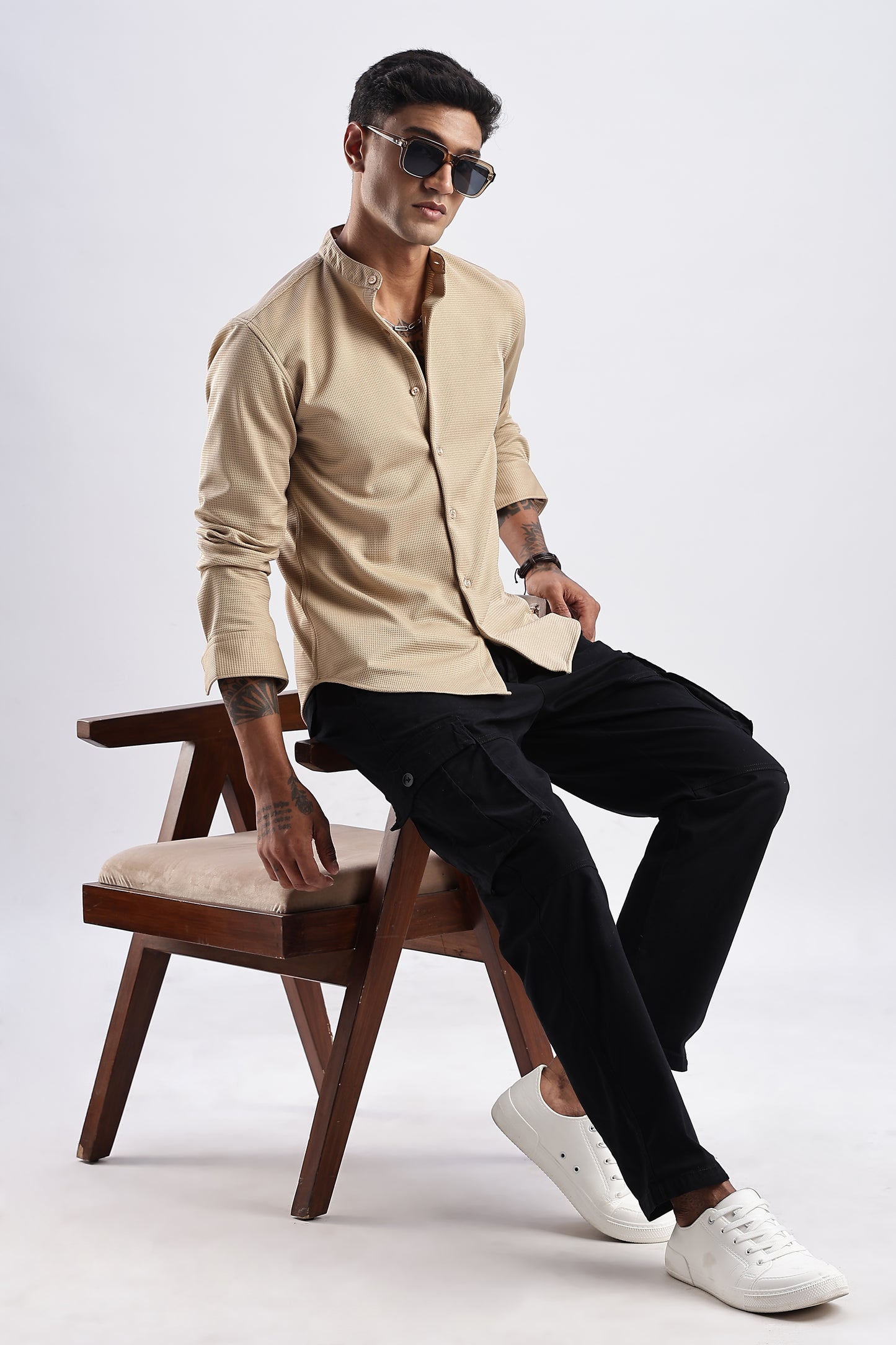 Men Waffle Dobby Shirts Mandarin Collar-Beige