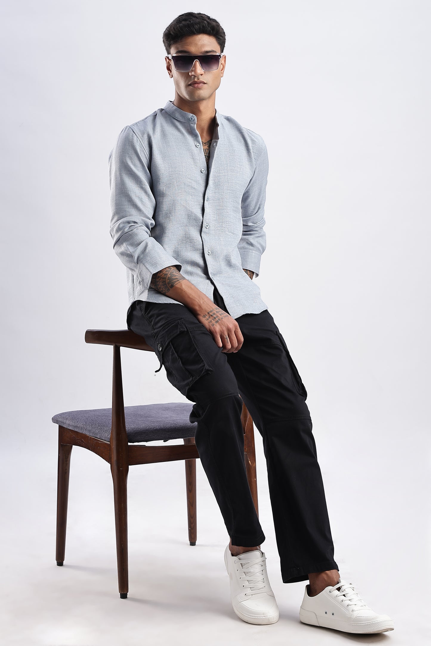Men Milange Linen Look Shirts Mandarin Collar-Lt Grey