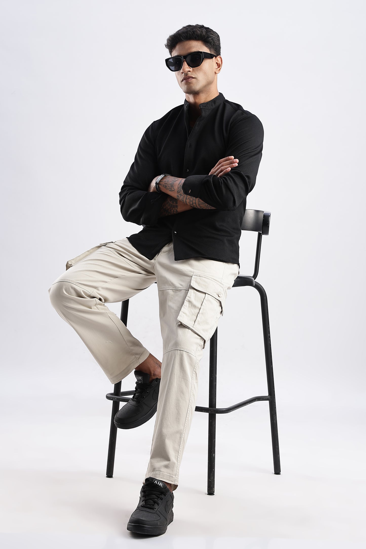 Men Waffle Dobby Shirts Mandarin Collar-Black