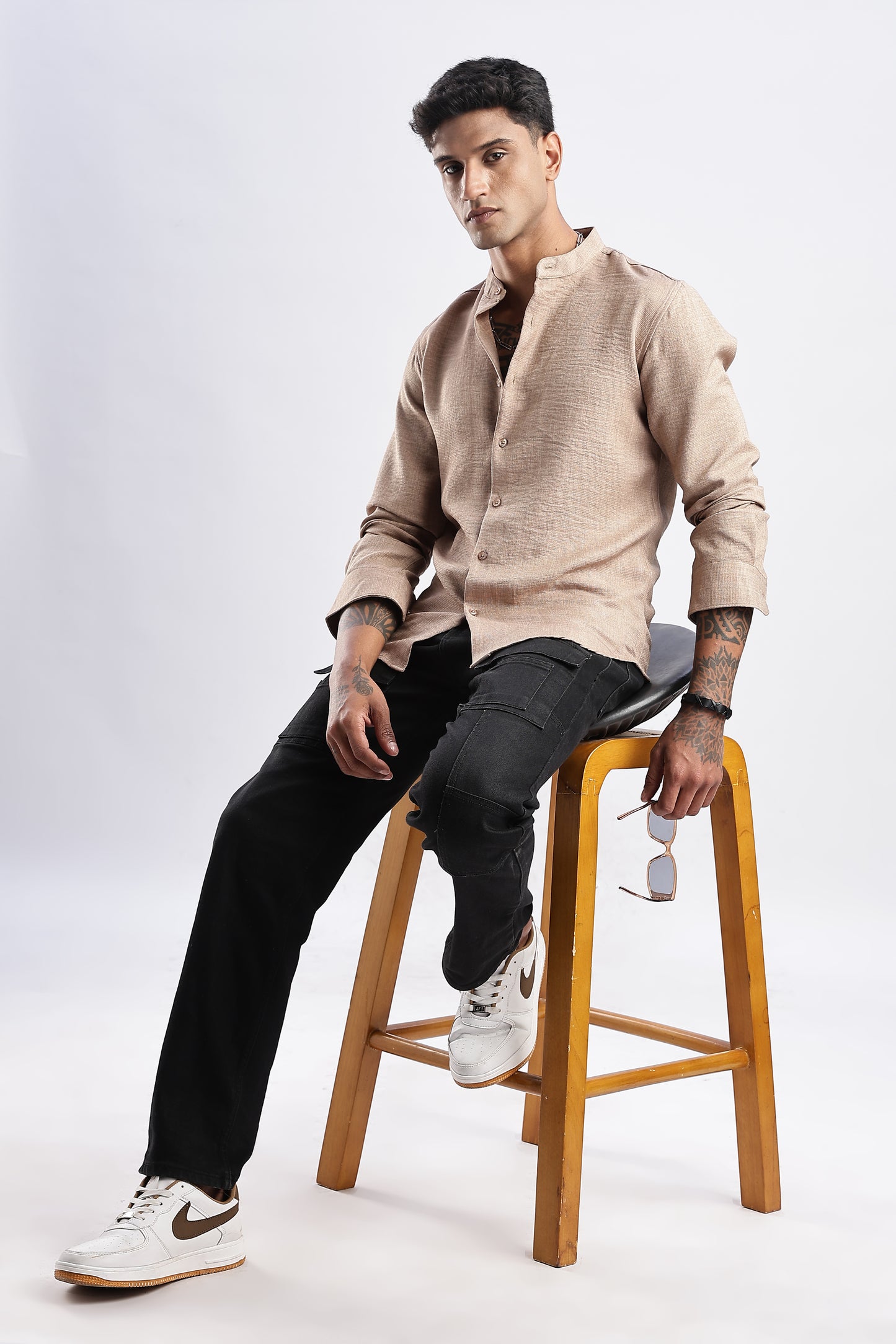 Men Milange Linen Look Shirts Mandarin Collar-Beige