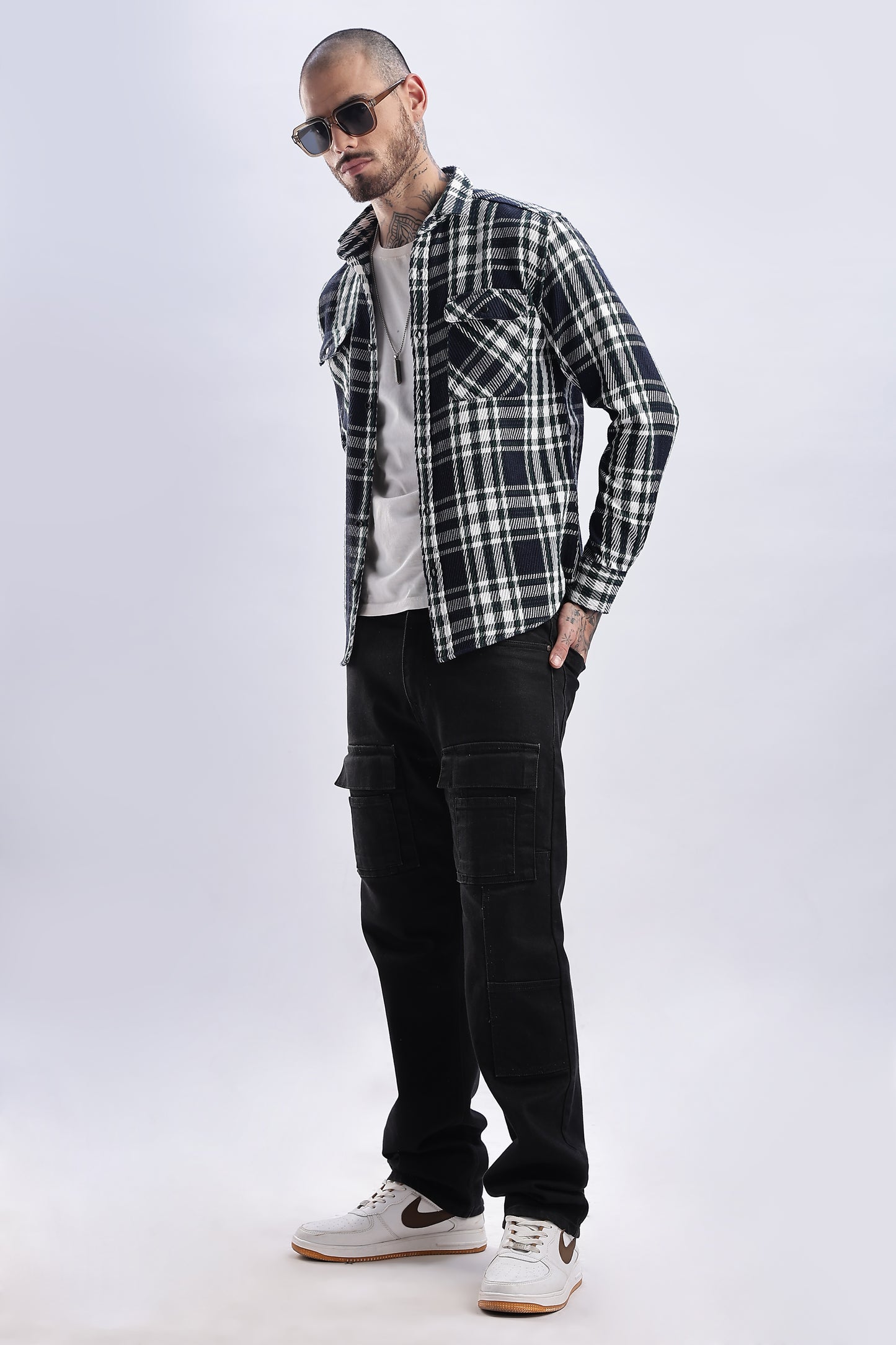 Men Flannel Shirt-White & Green