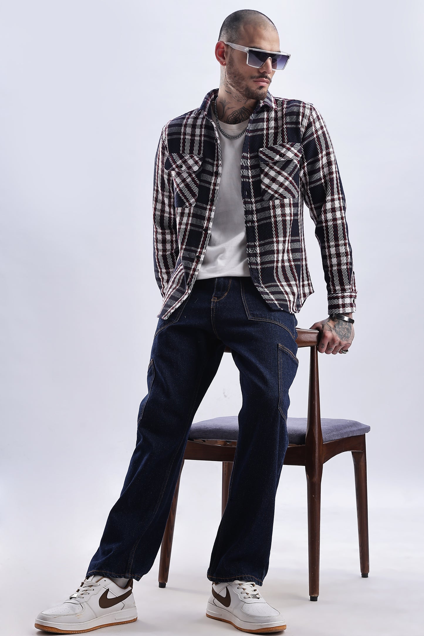 Men Flannel Shirt-White & Red