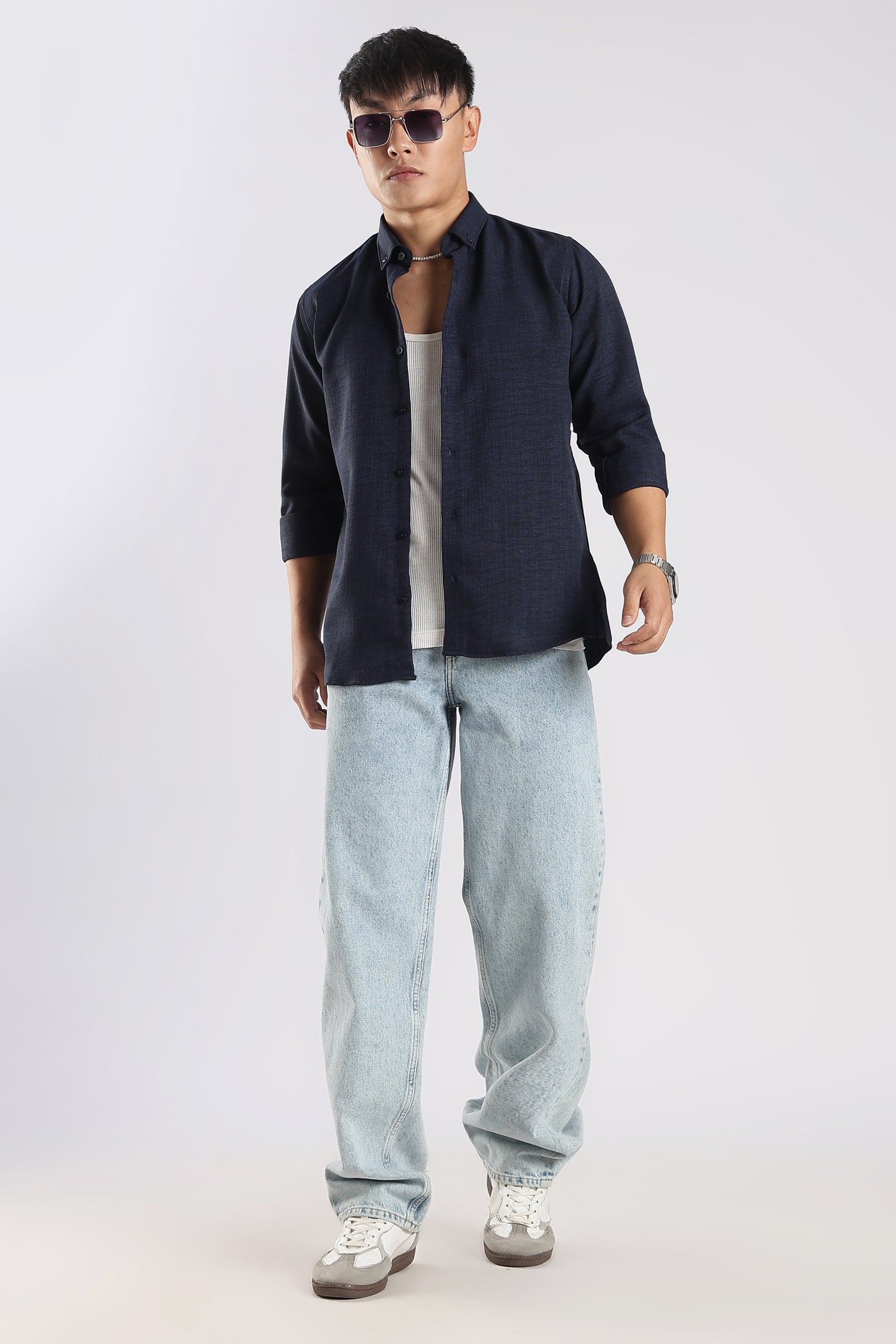 Men Linen Mix Shirts-Navy
