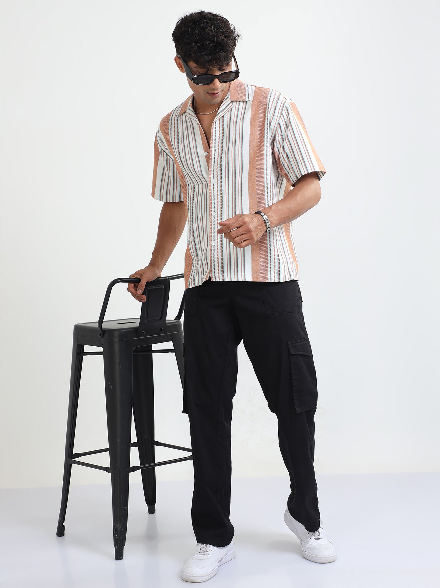 Mustard Striped Jacquard Oversized Shirt For Men