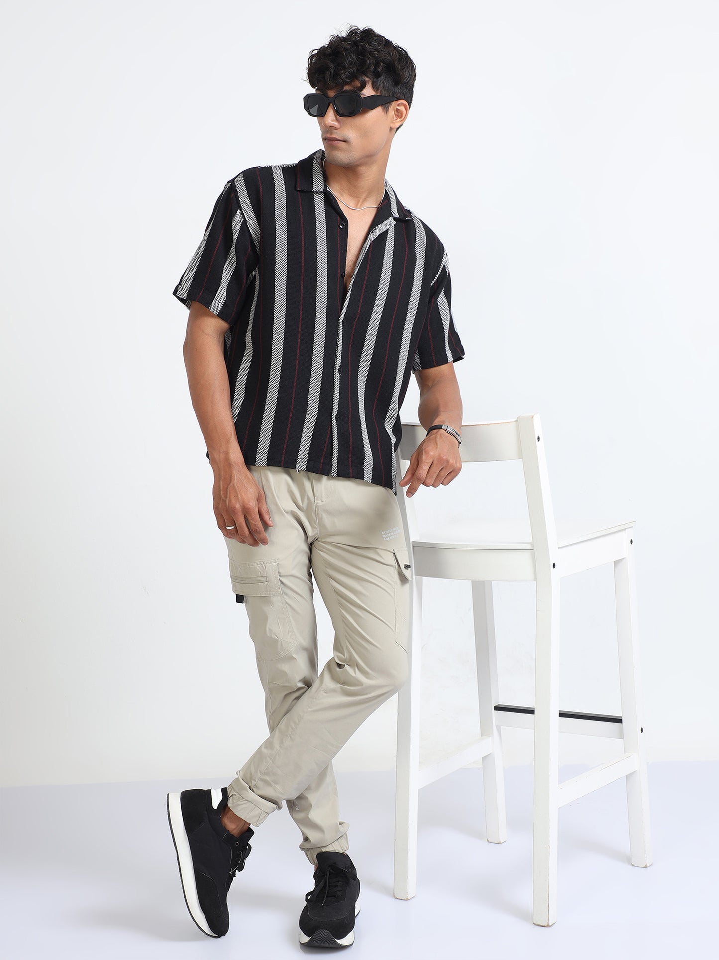 Striped Jacquard Black Oversized Shirt For Men
