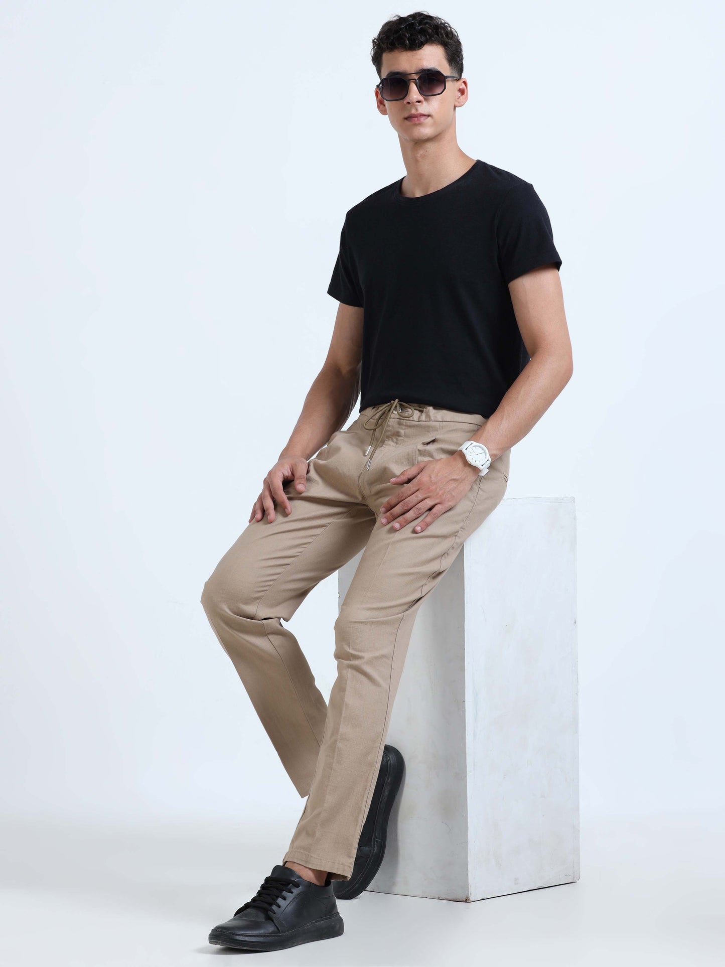 Khaki Lazy Linen Pleated Trousers For Men