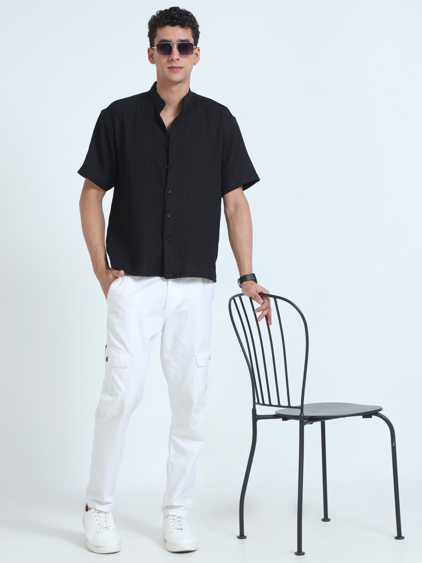 Black Floruit Chinese Collar Shirt for Men