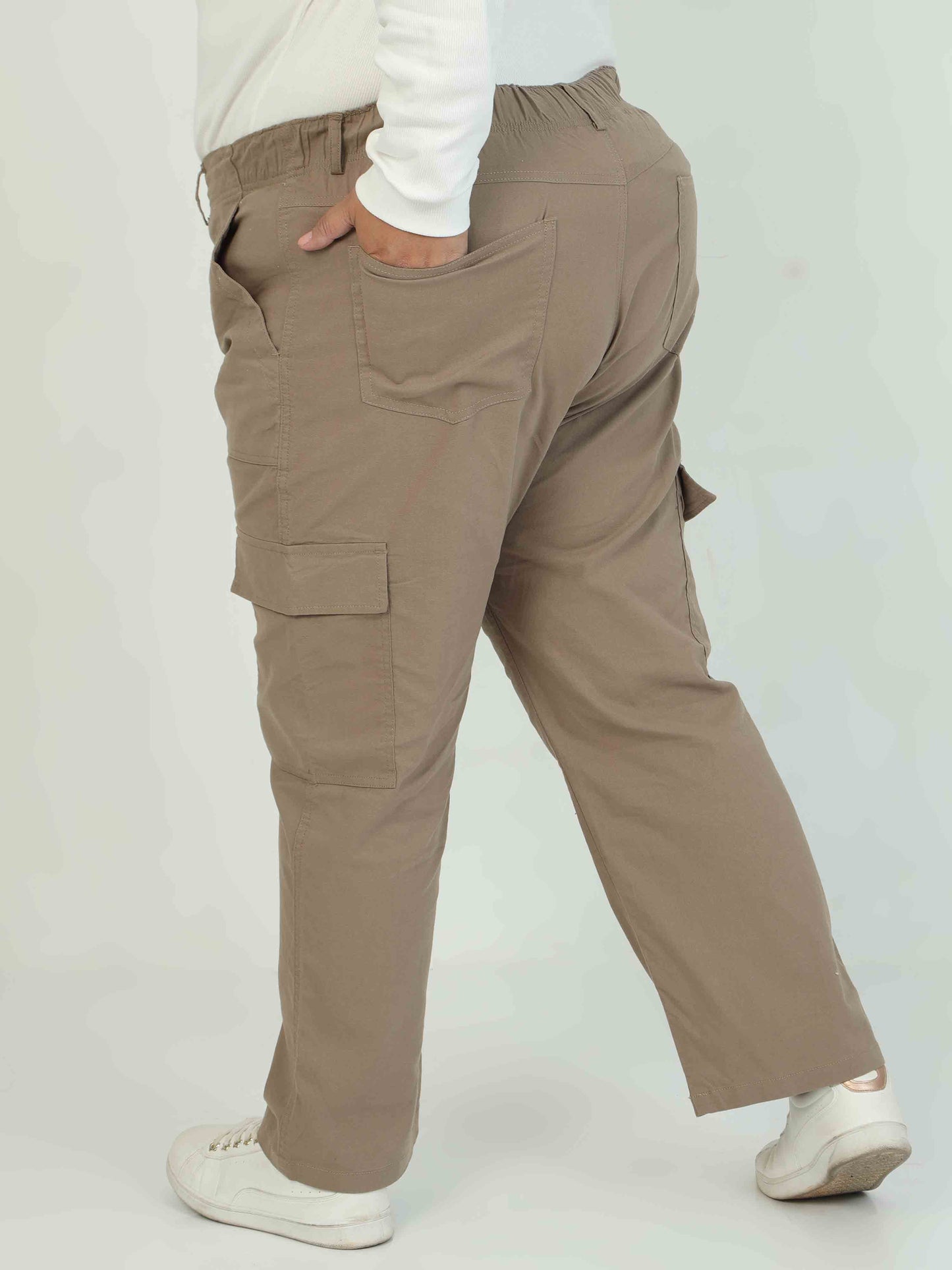 Beige Plus Size Cargo Pants For Women