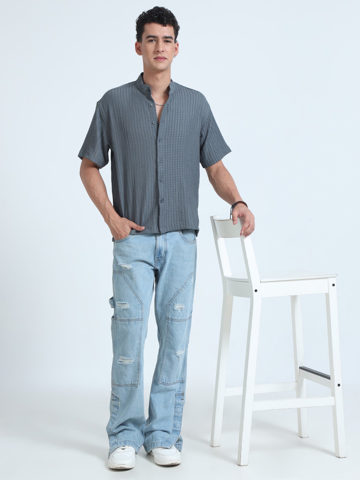 Grey Floruit Stand Collar Shirt for Men