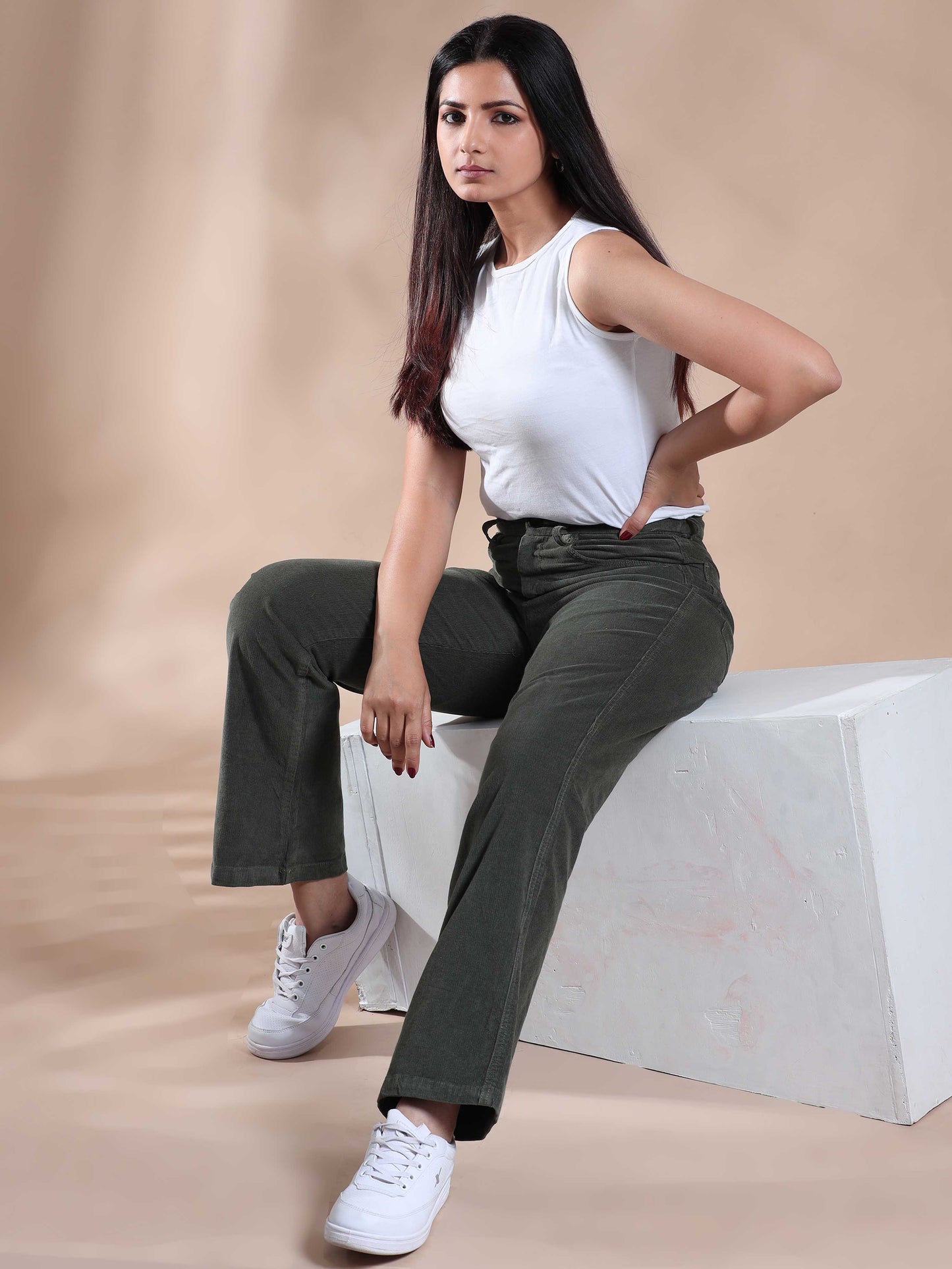 Olive Green Corduroy Pants for Women