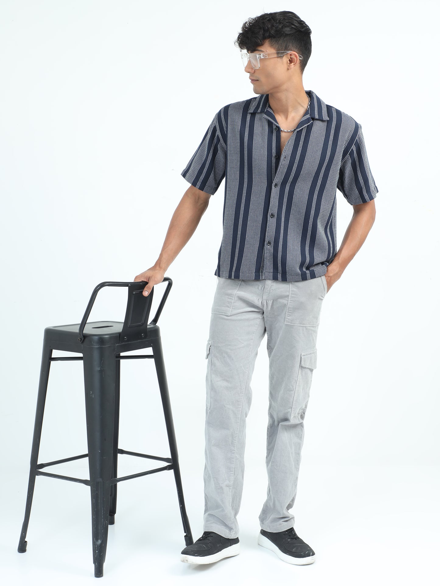 Navy Striped Jacquard Oversized Shirt For Men