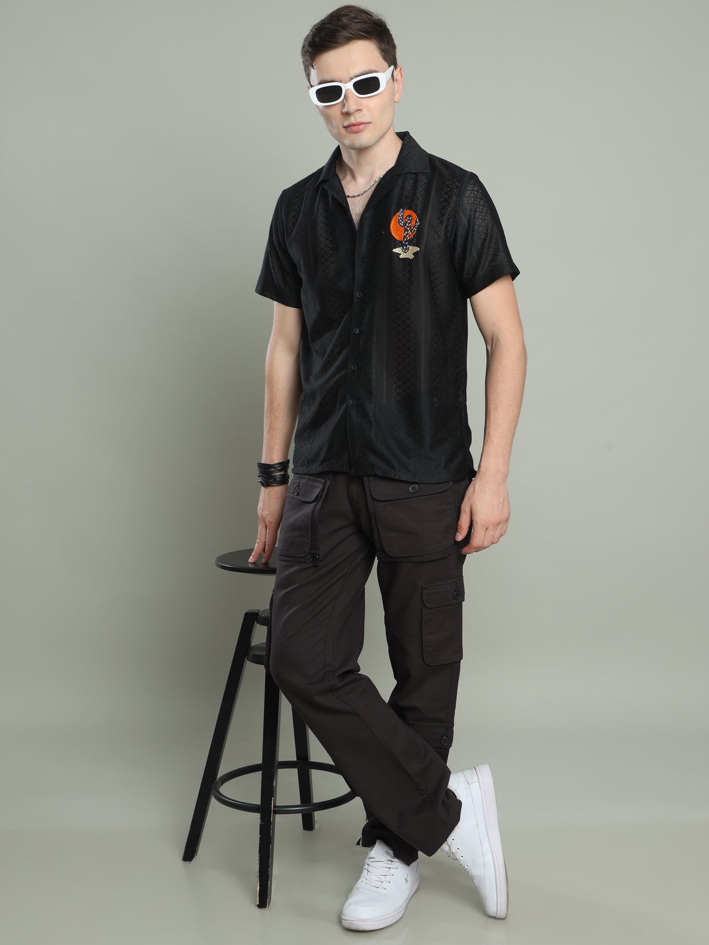 Black Embroidered Textured Shirt For Men