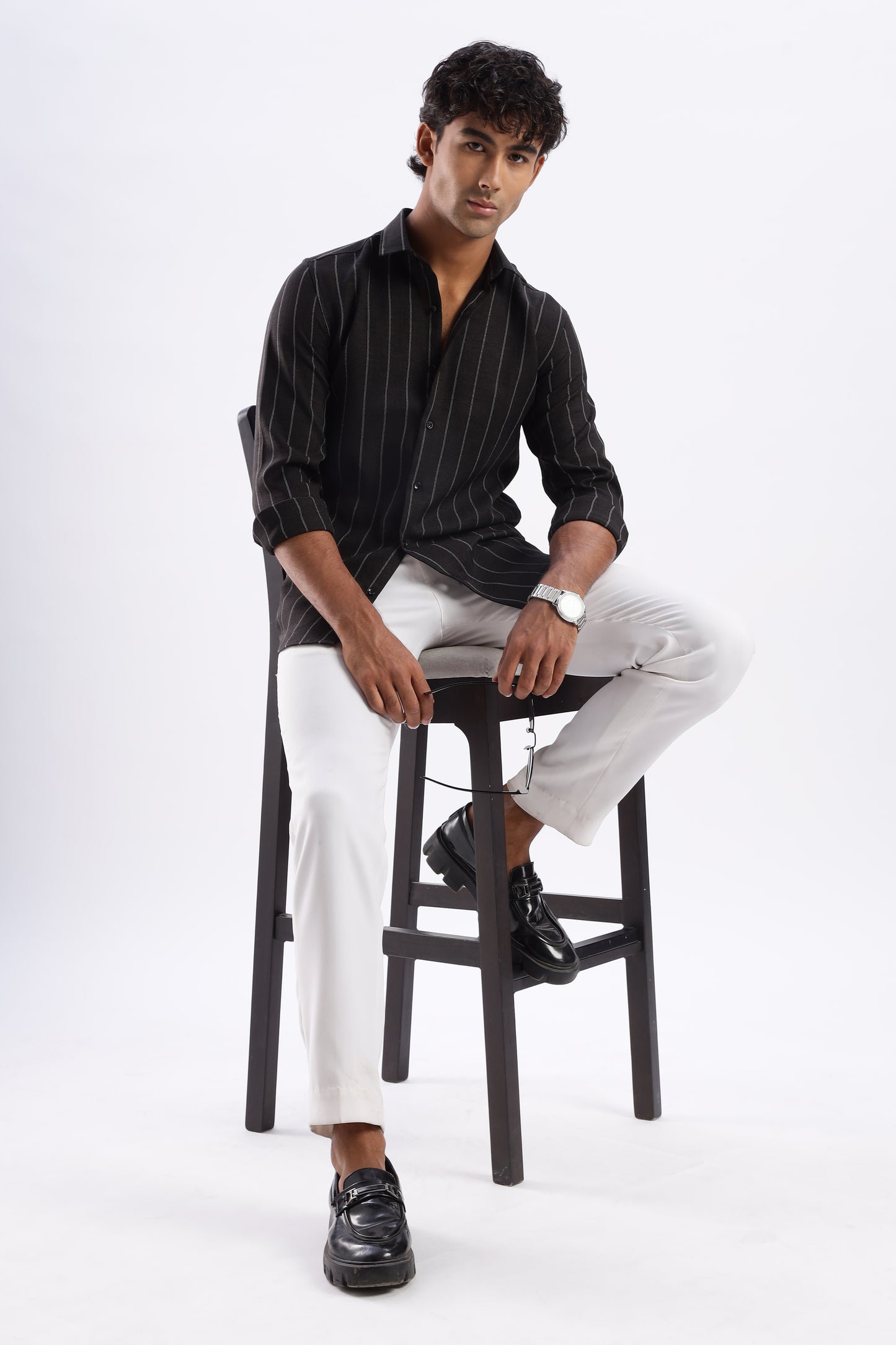 Men Air Like Linen Stripes Shirt-Black